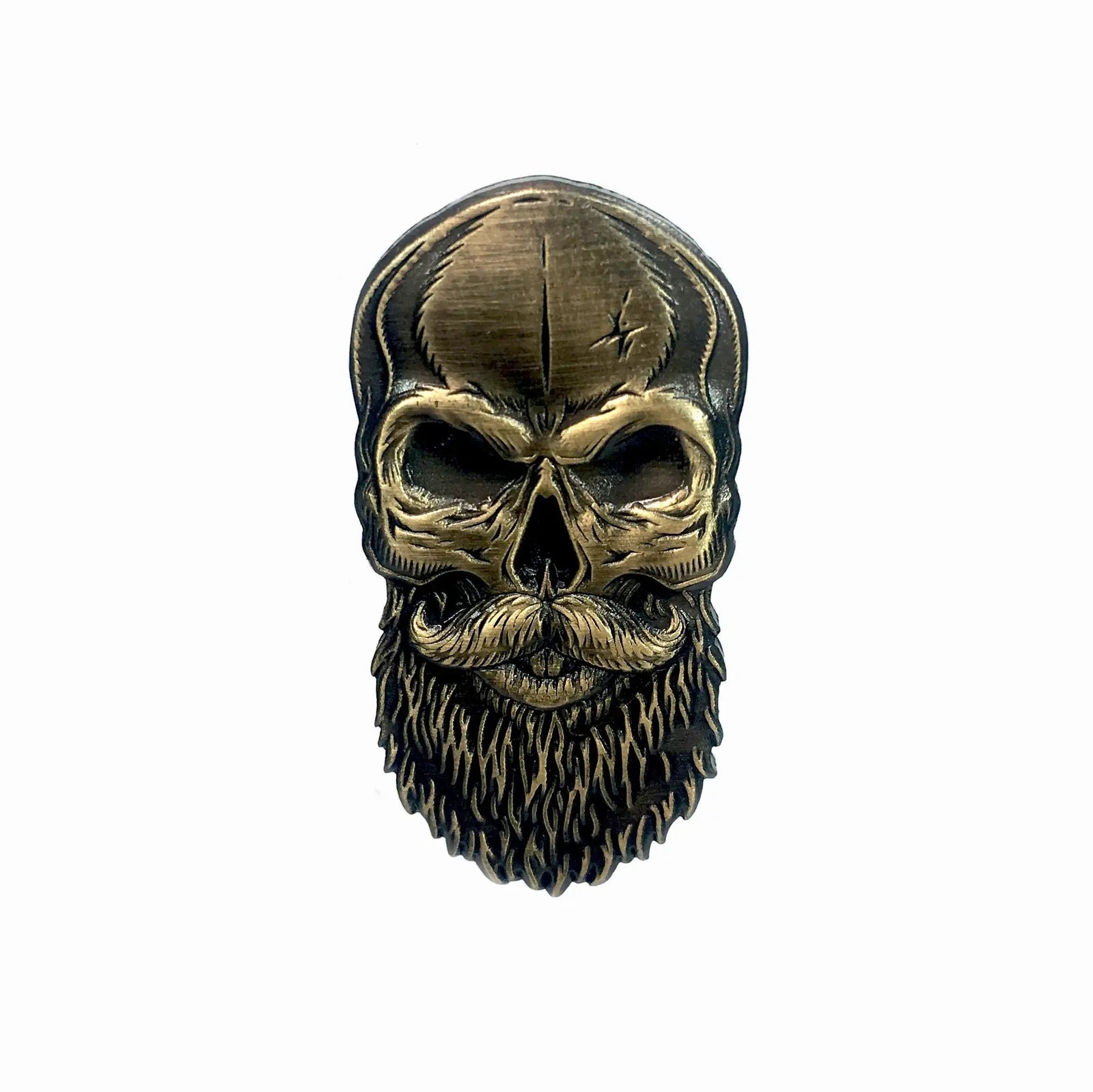 Gold 3D beard skull pin by Kolorspun featuring a detailed bearded skull design on a pin accessory.