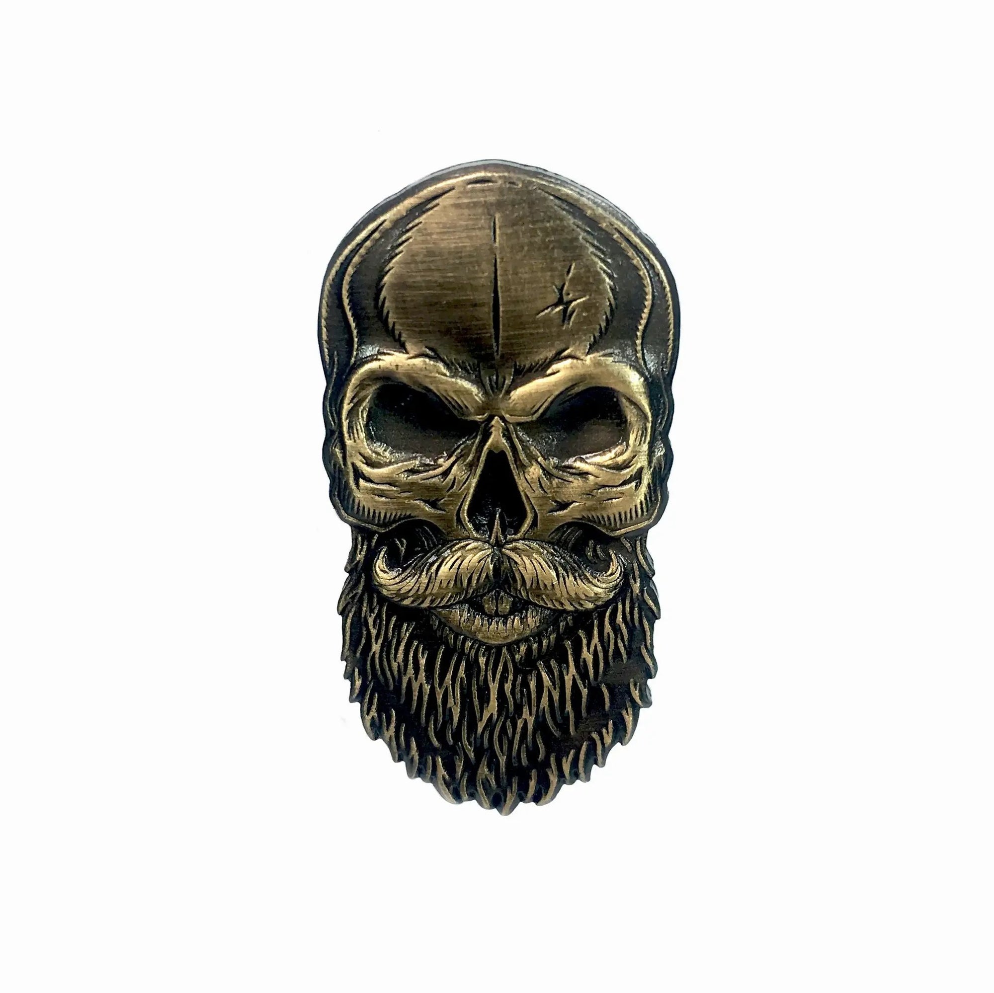 Gold 3D beard skull pin by Kolorspun featuring a detailed bearded skull design on a pin accessory.