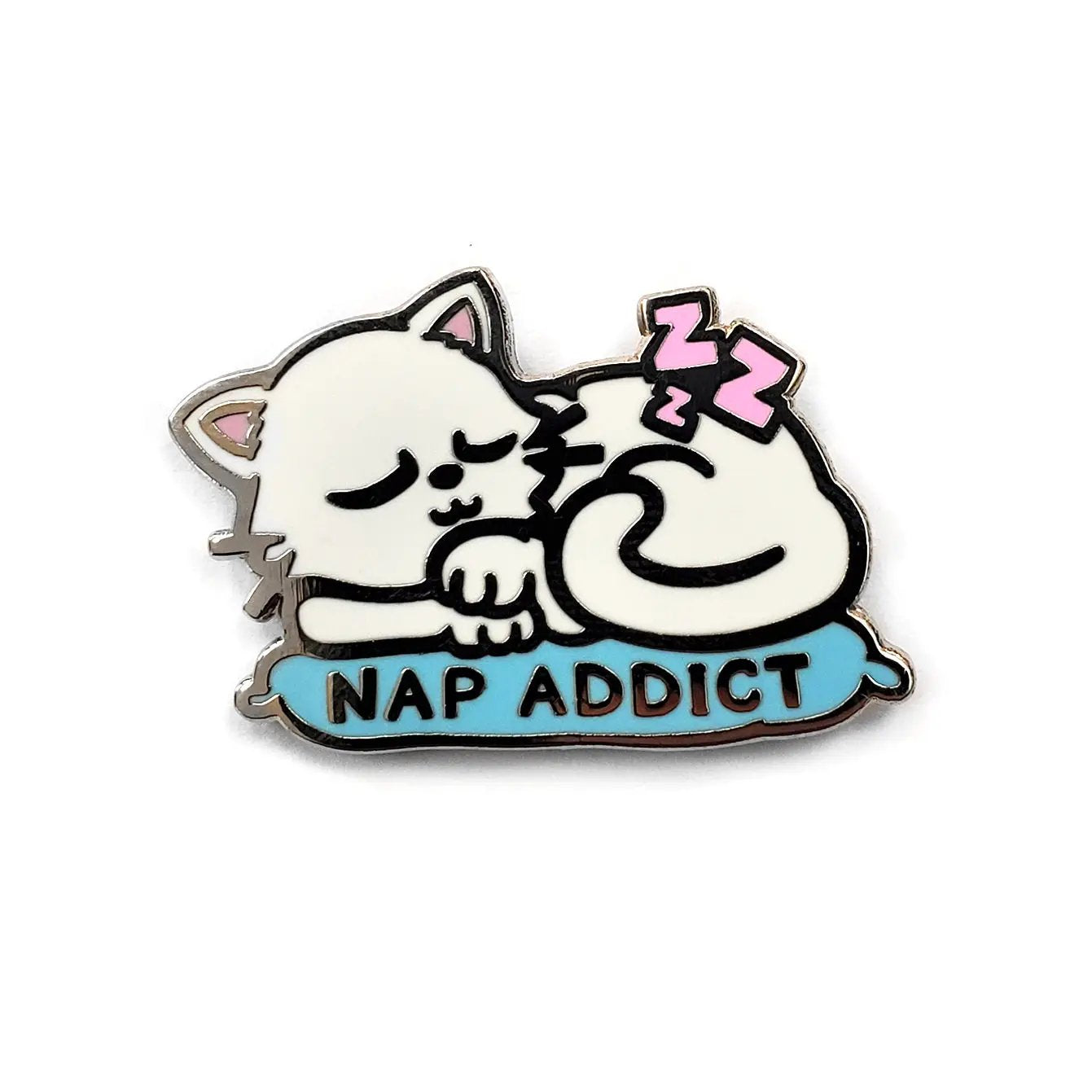 White Nap Addict pin by Kolorspun featuring a bold design, perfect for adding a stylish touch to clothing or accessories.