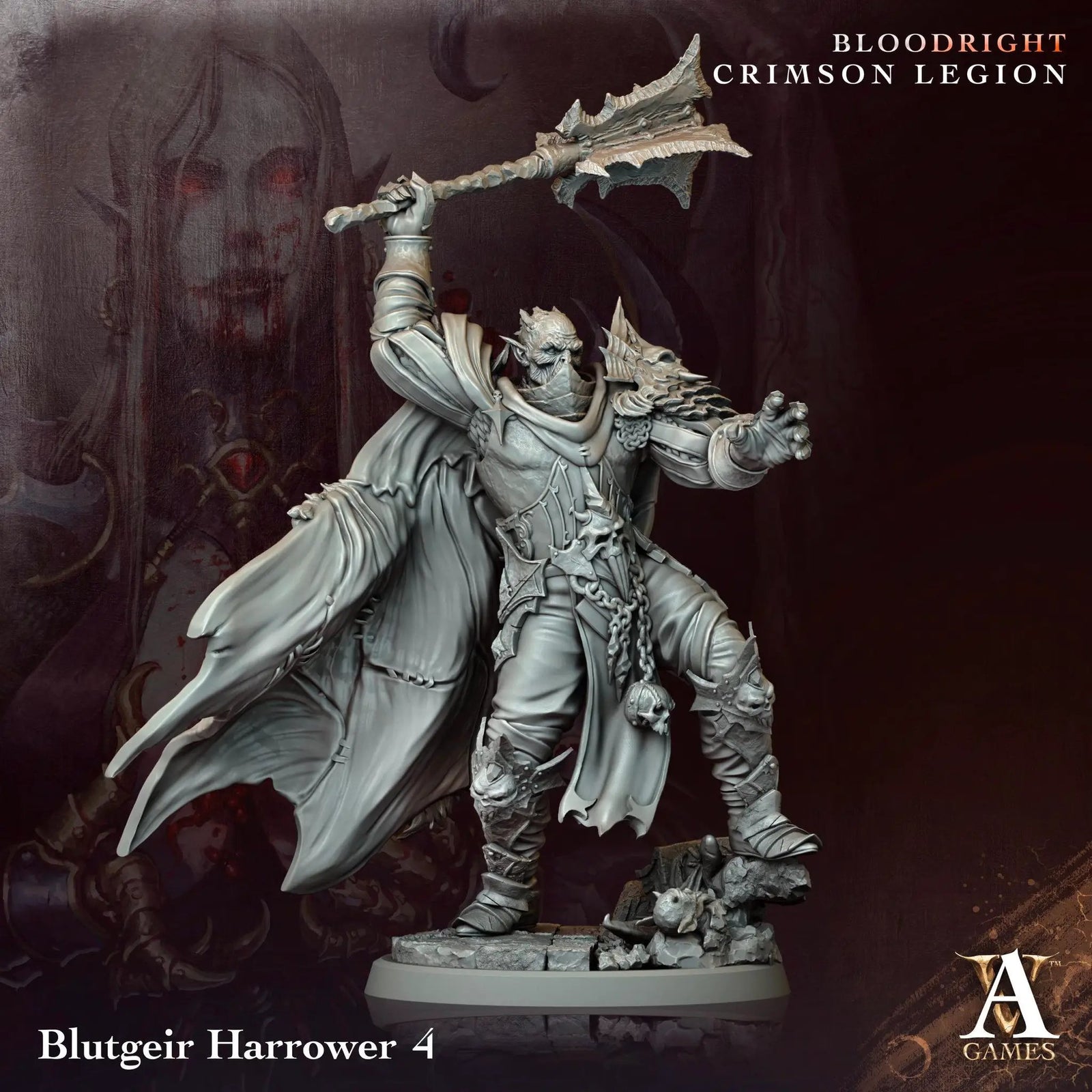 3D printed Blutgeir Harrower miniature by Last Hope Miniatures, showing detailed armor and weapon design from Archvillain Games.