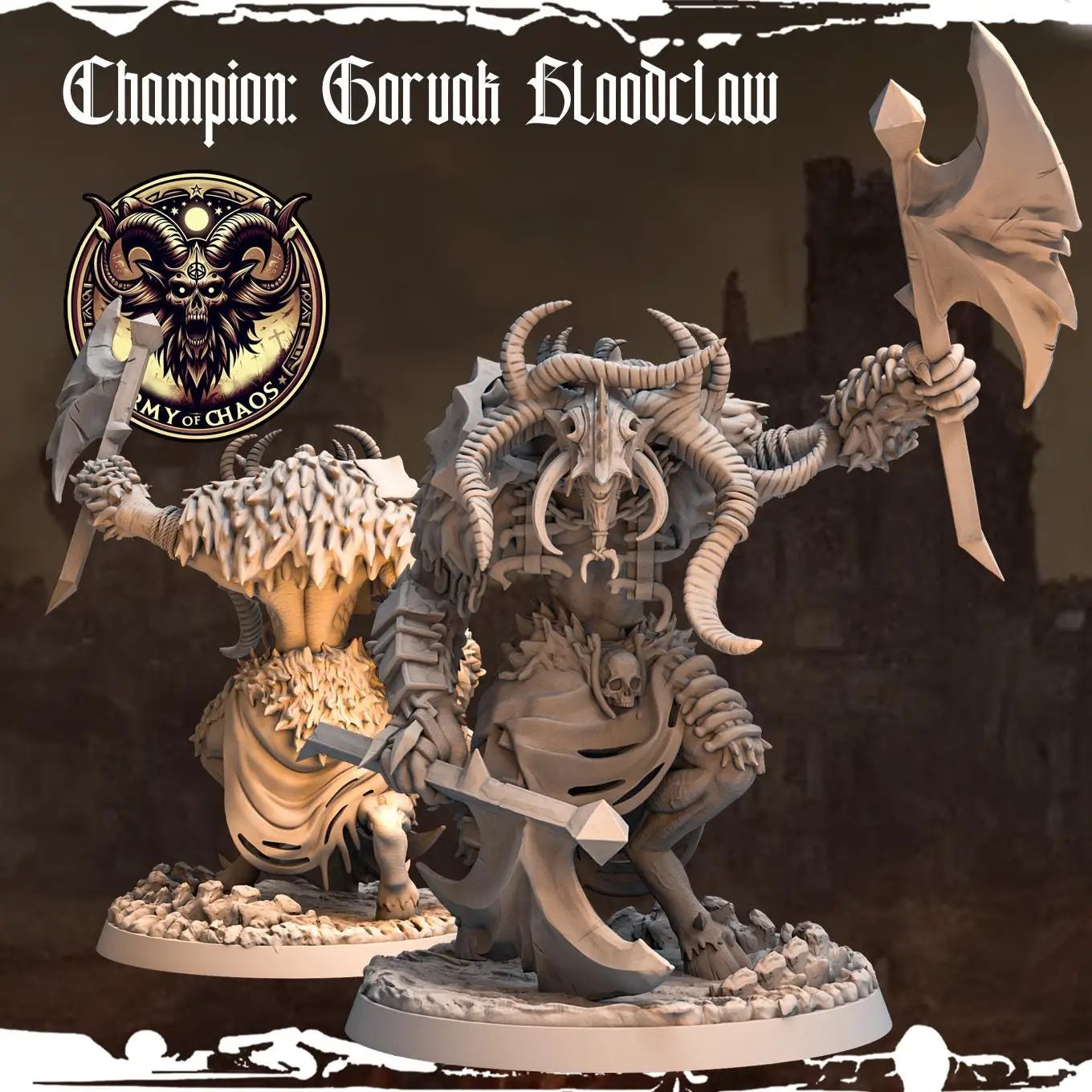 3D printed Chaos Beast Champion miniature by Last Hope Miniatures, featuring detailed sculpt and intricate design from Monolith Arts.