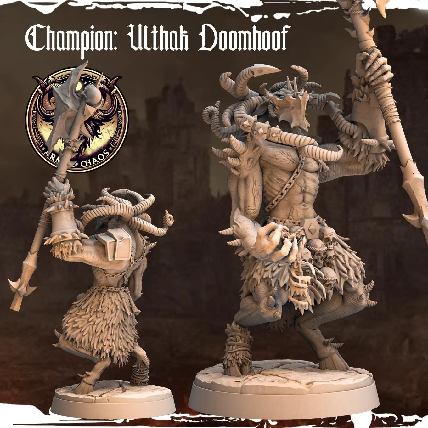 3D printed Chaos Beast Champion miniature by Last Hope Miniatures, featuring intricate details and dynamic pose from Monolith Arts.