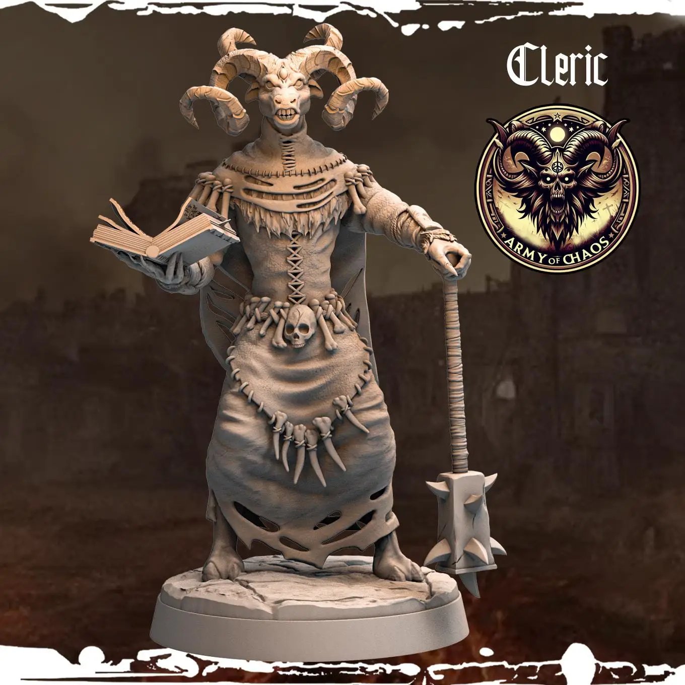 3D printed Chaos Beast Cleric miniature by Last Hope Miniatures, detailed fantasy figure with intricate armor and fierce expression.