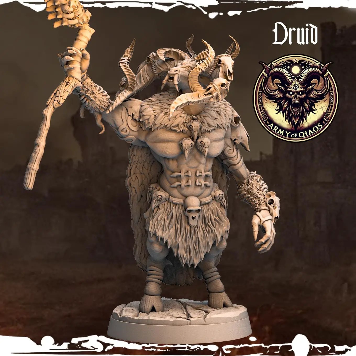 3D printed Chaos Beast Druids miniatures by Last Hope Miniatures for tabletop gaming, featuring intricate monster and druid designs.