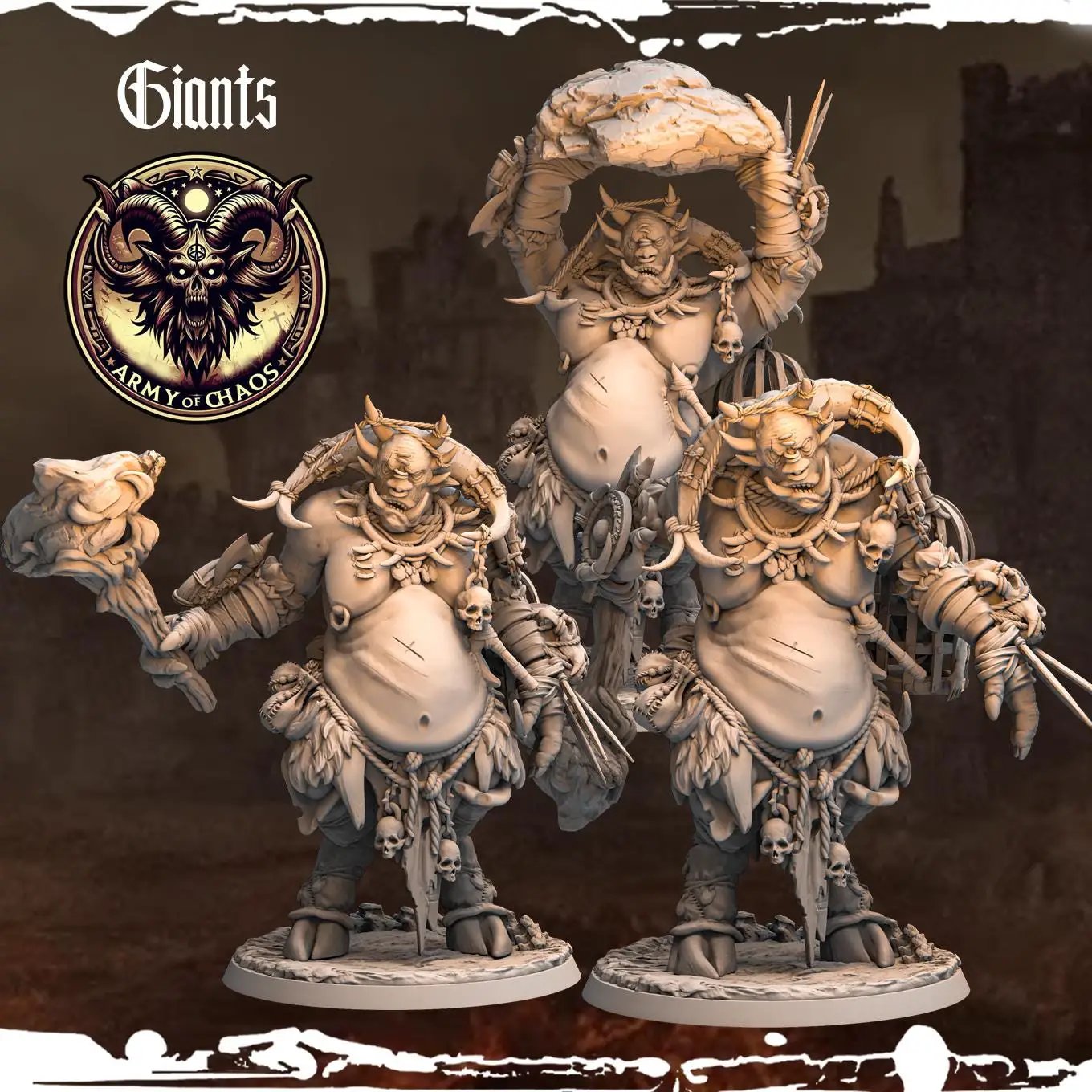 3D printed Chaos Beast Giants miniature by Last Hope Miniatures for Monolith Arts, featuring detailed monstrous figures.