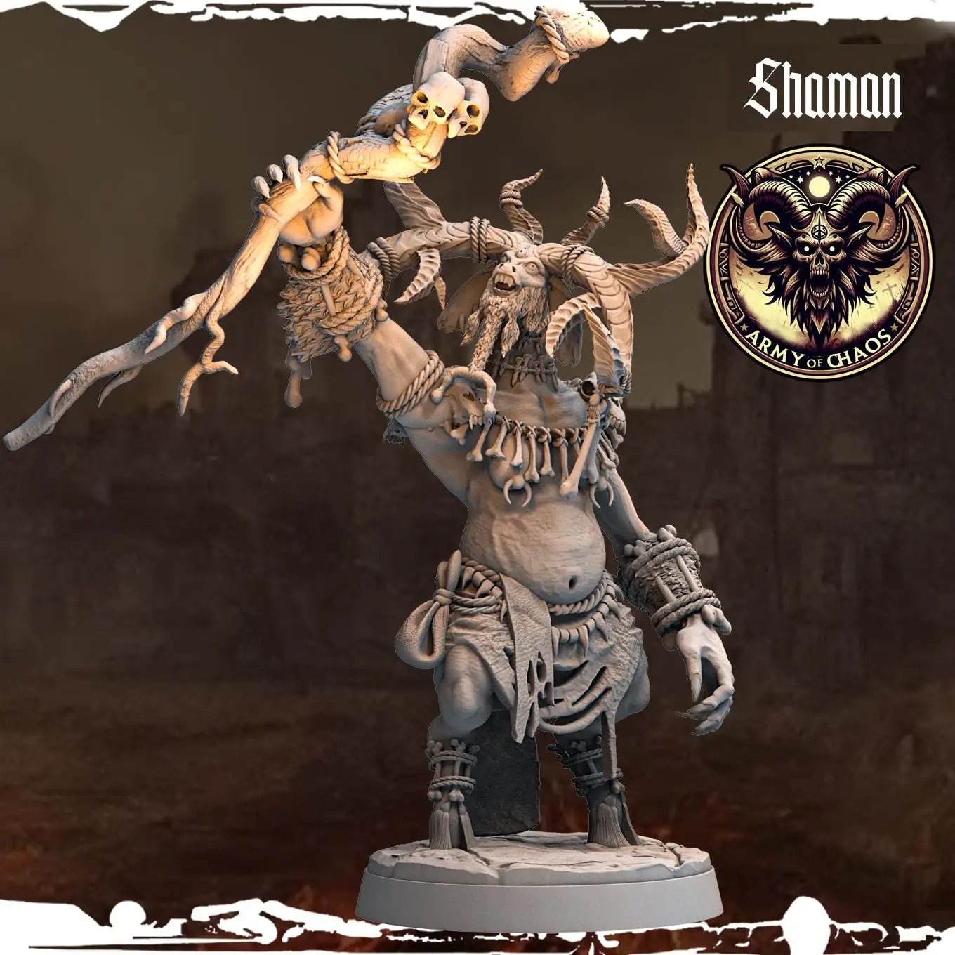 3D printed Chaos Beast Shaman miniature by Last Hope Miniatures, showing detailed sculpt with intricate armor and beastly features.