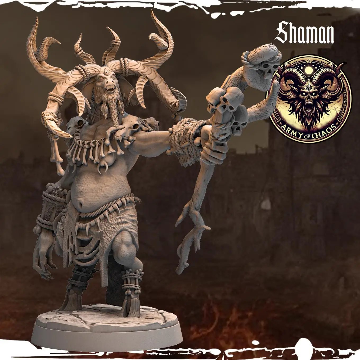 3D printed Chaos Beast Shaman miniature by Last Hope Miniatures, detailed fantasy figure with intricate design and vibrant colors.