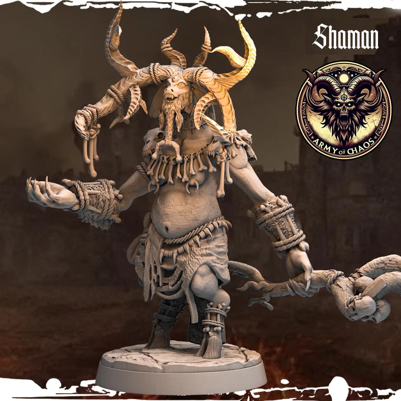 3D printed Chaos Beast Shaman miniature by Last Hope Miniatures, detailed fantasy creature with tribal and mystical features.
