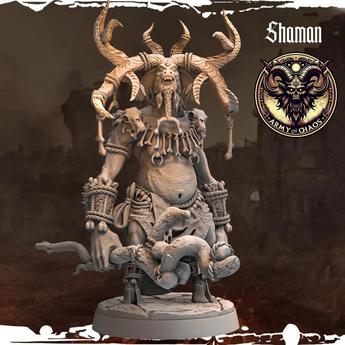 3D printed Chaos Beast Shaman miniature by Last Hope Miniatures, featuring intricate details and dynamic pose from Monolith Arts.