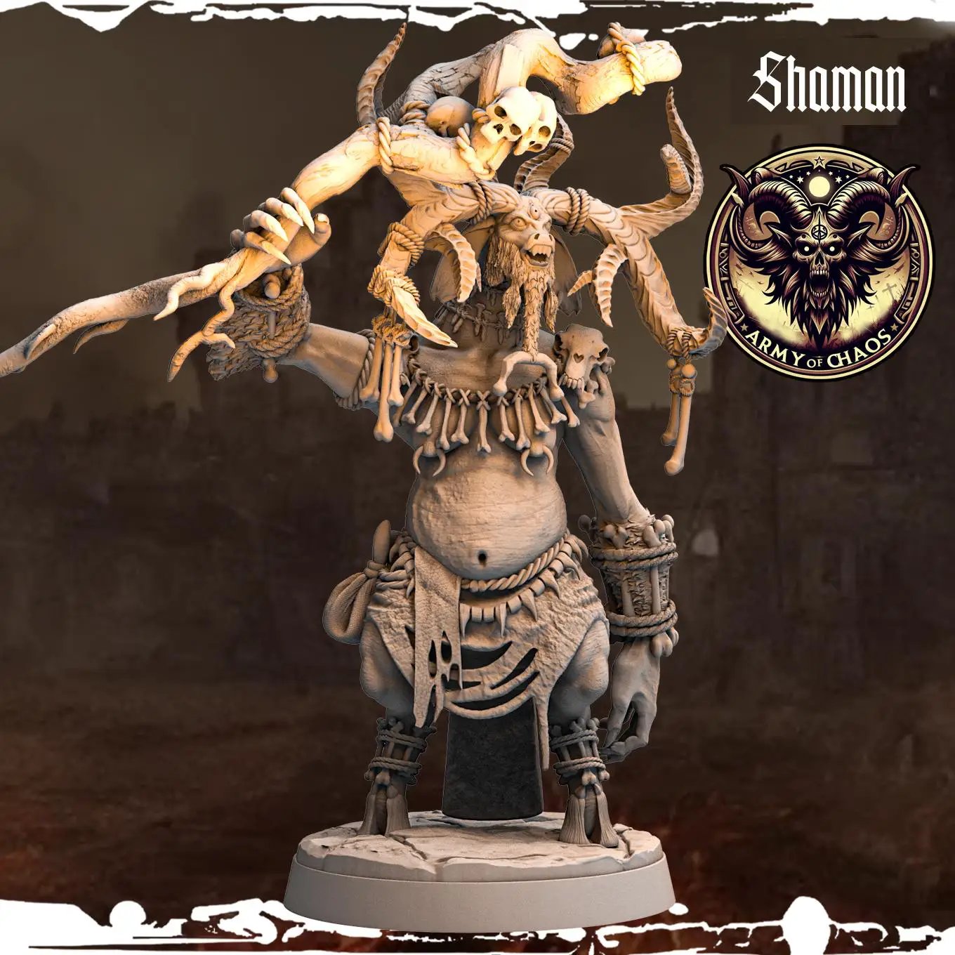 3D printed Chaos Beast Shaman miniature from Last Hope Miniatures by Monolith Arts, featuring intricate details and dynamic pose.