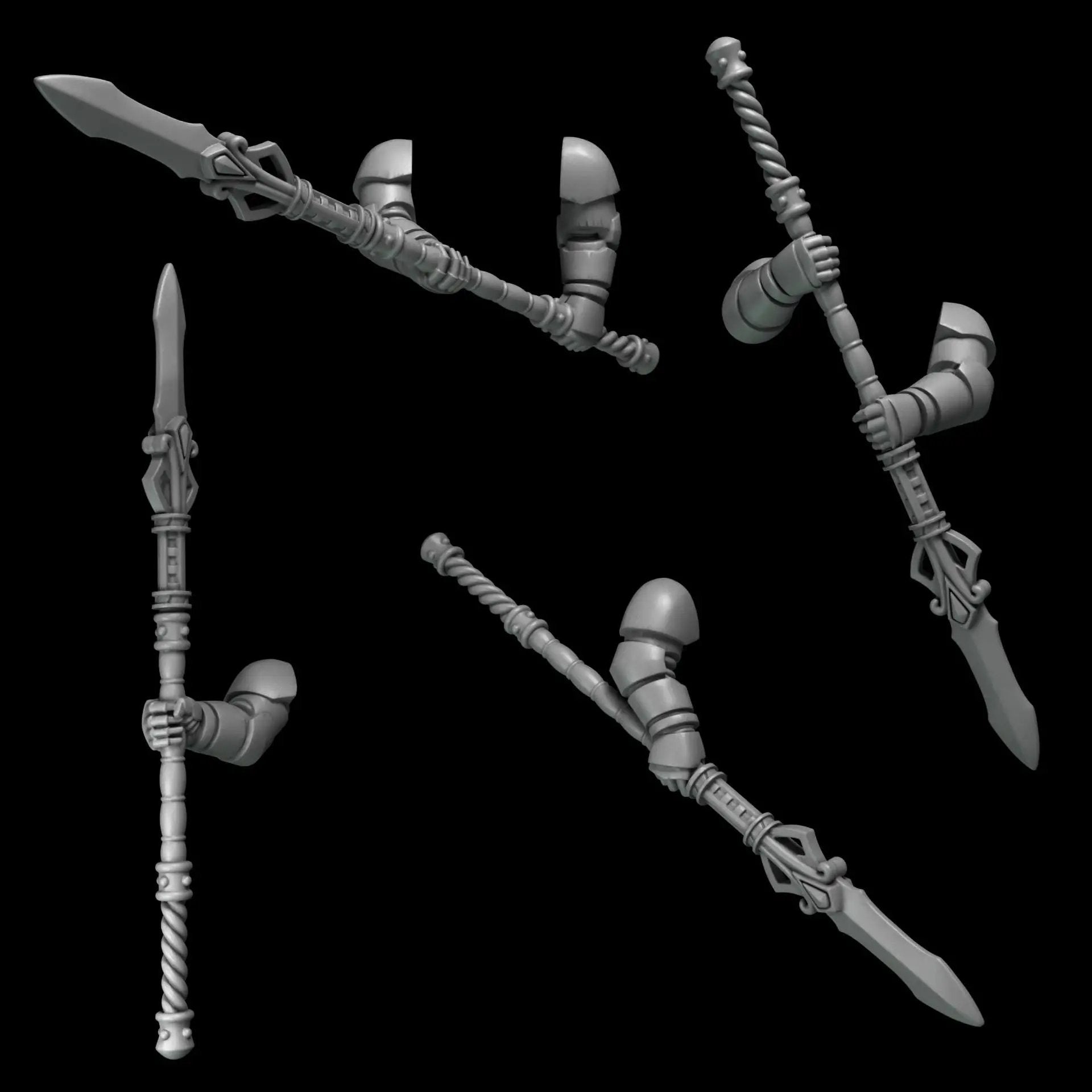 3D printed Crimson Lords two-handed spear set by Greytide Studio, featuring detailed miniature spears for tabletop gaming.
