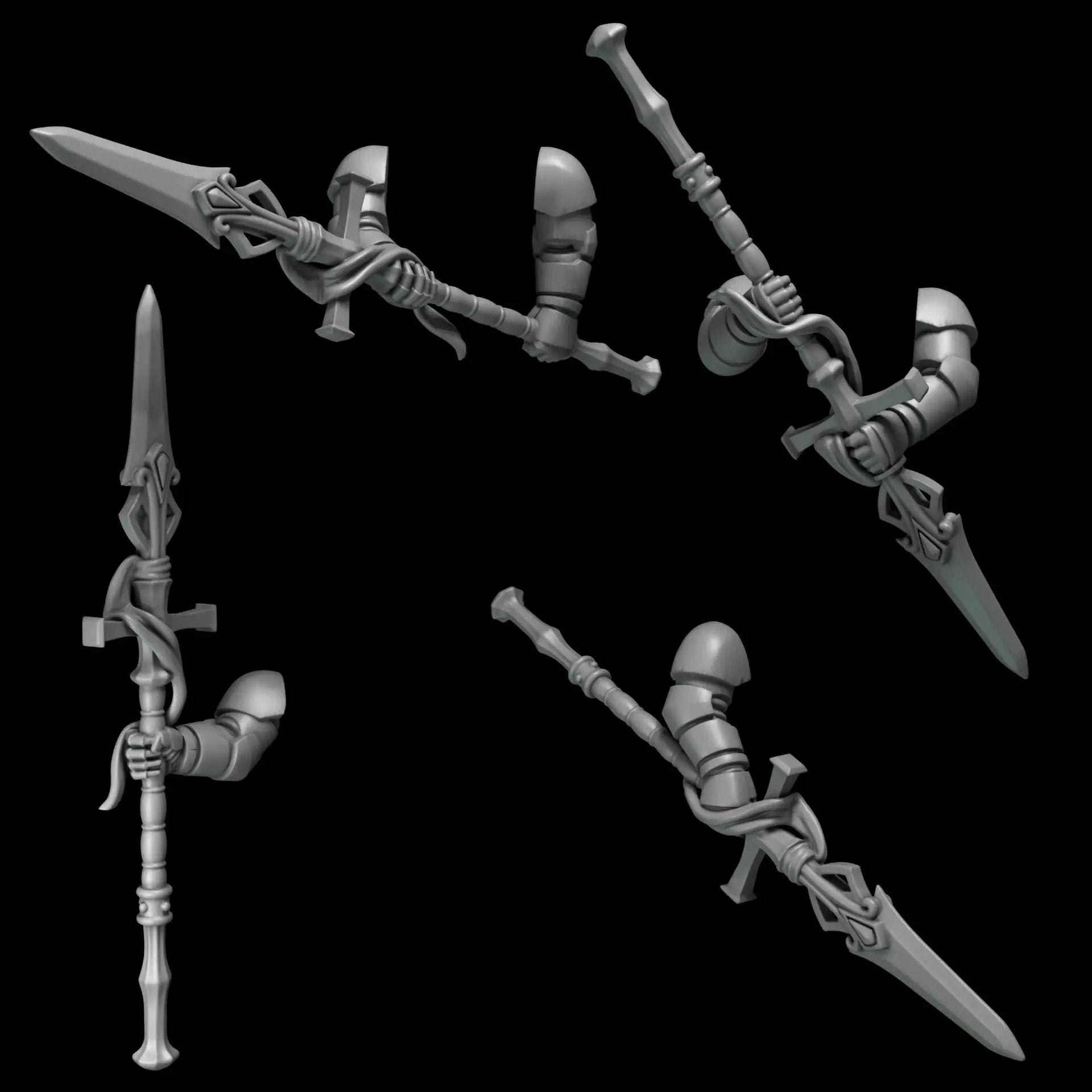 3D printed Crimson Lords 2-handed spear set by Greytide Studio, featuring detailed miniature spears for tabletop gaming.