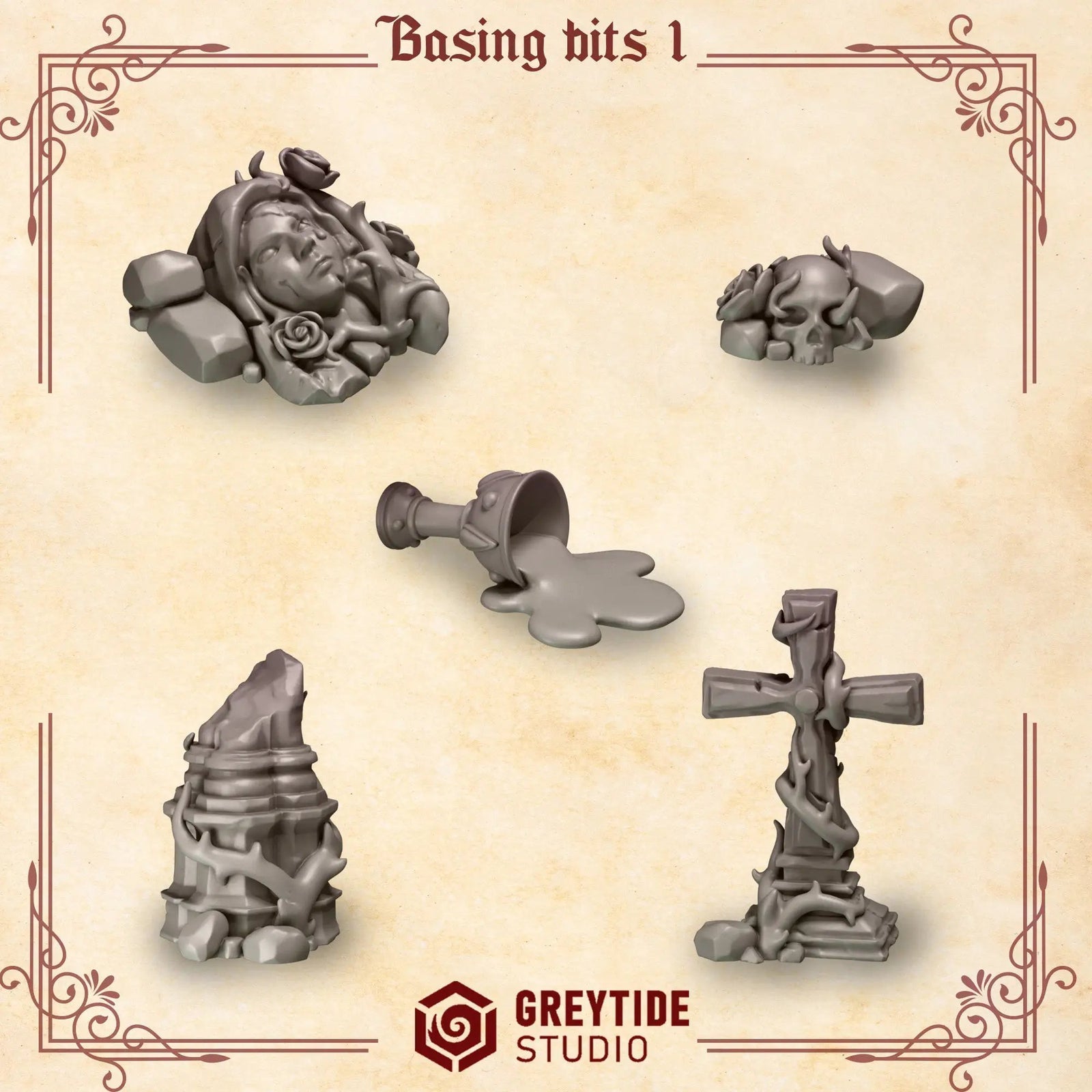 3D printed Crimson Lords basing bits by Greytide Studio, featuring detailed miniature bases for tabletop gaming.