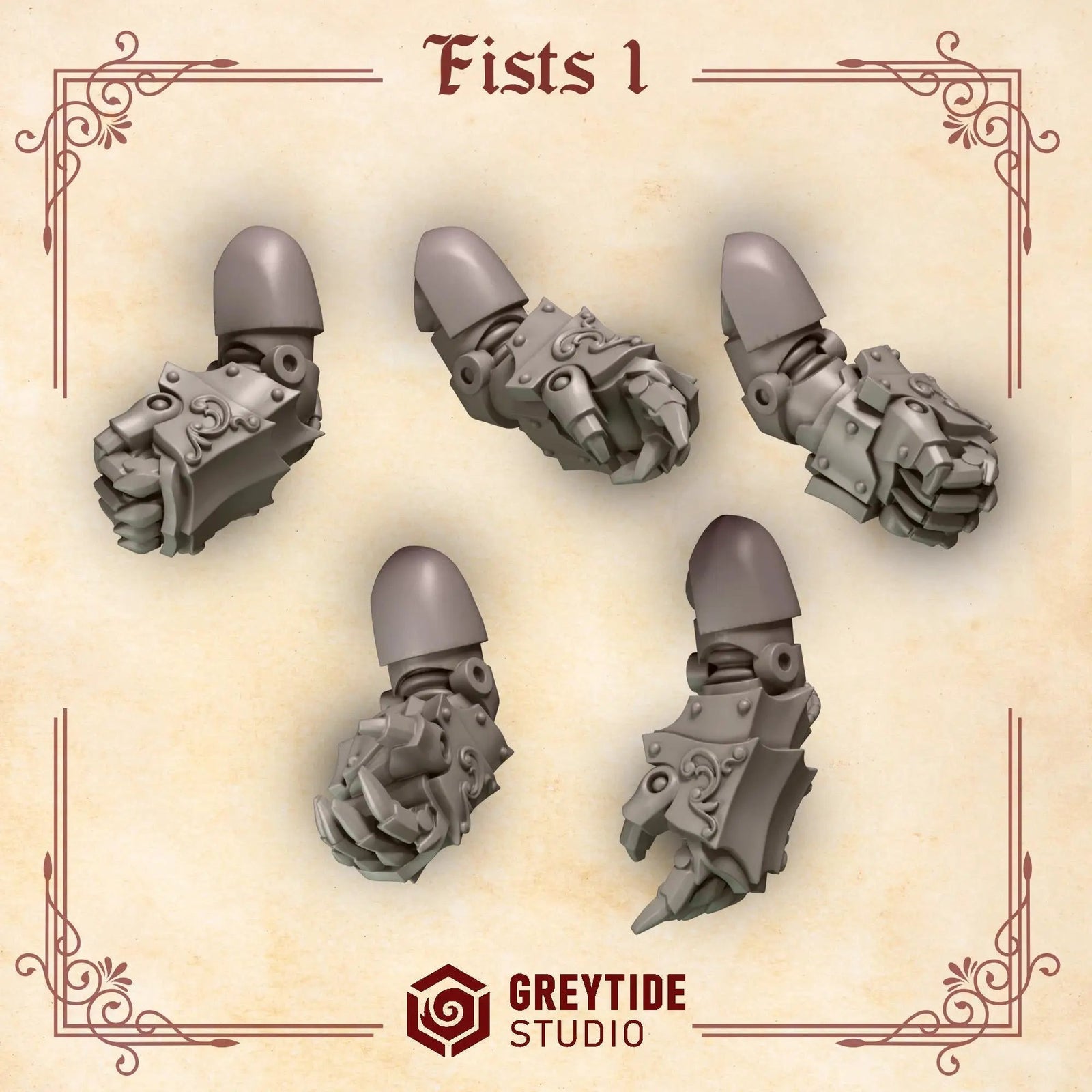 Set of 10 3D printed Crimson Wings Fists miniatures by Last Hope Miniatures for Greytide Studio, featuring detailed fantasy weapon designs.