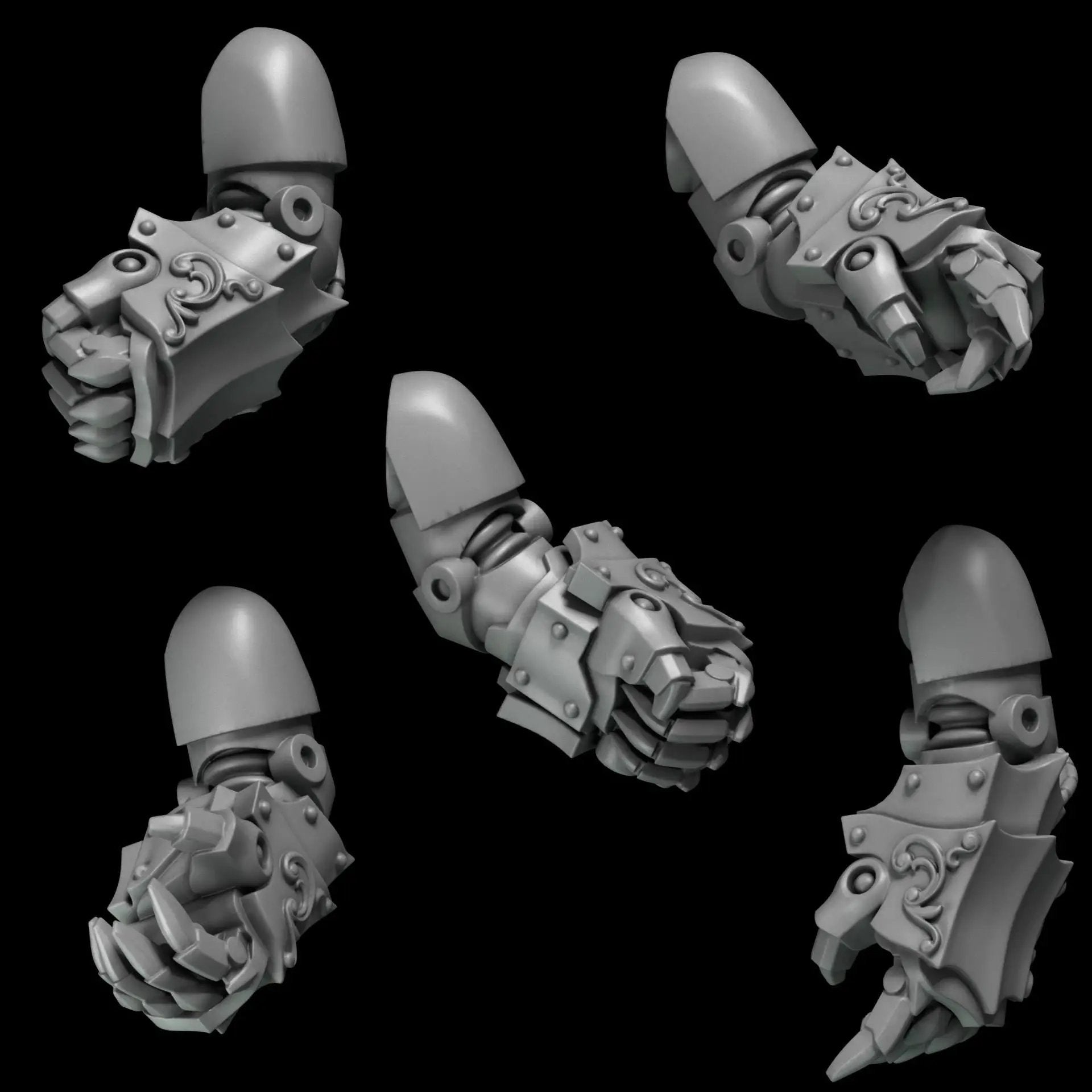 Ten 3D printed crimson wings fists miniatures by Last Hope Miniatures for Greytide Studio, detailed with intricate wing and fist designs.