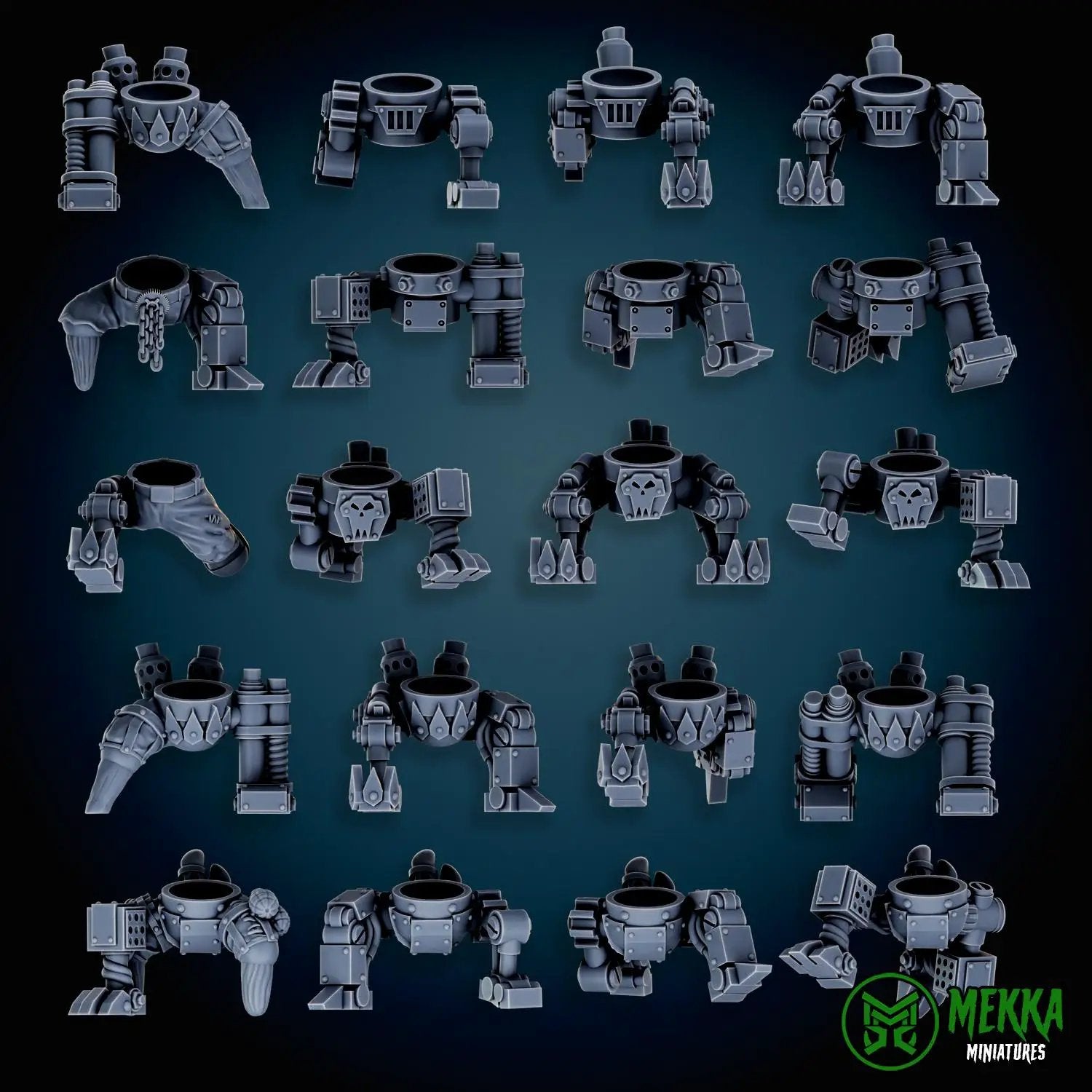 3D printed Cybork legs by Last Hope Miniatures, detailed mechanical prosthetics with intricate metal and cybernetic design.