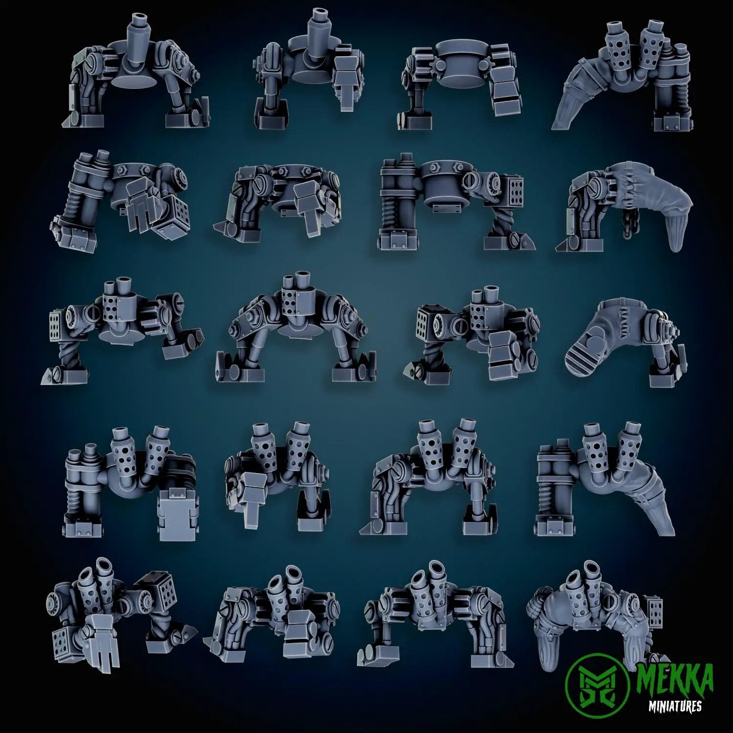 3D printed Cybork Legs miniature by Last Hope Miniatures for Mekka Miniatures, detailed metallic robotic limbs on a display stand.