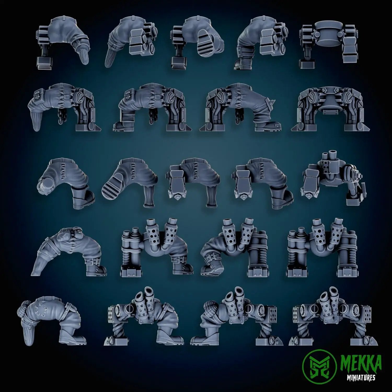 3D printed Cybork Legs by Last Hope Miniatures, detailed mechanical prosthetic limbs for tabletop miniatures.