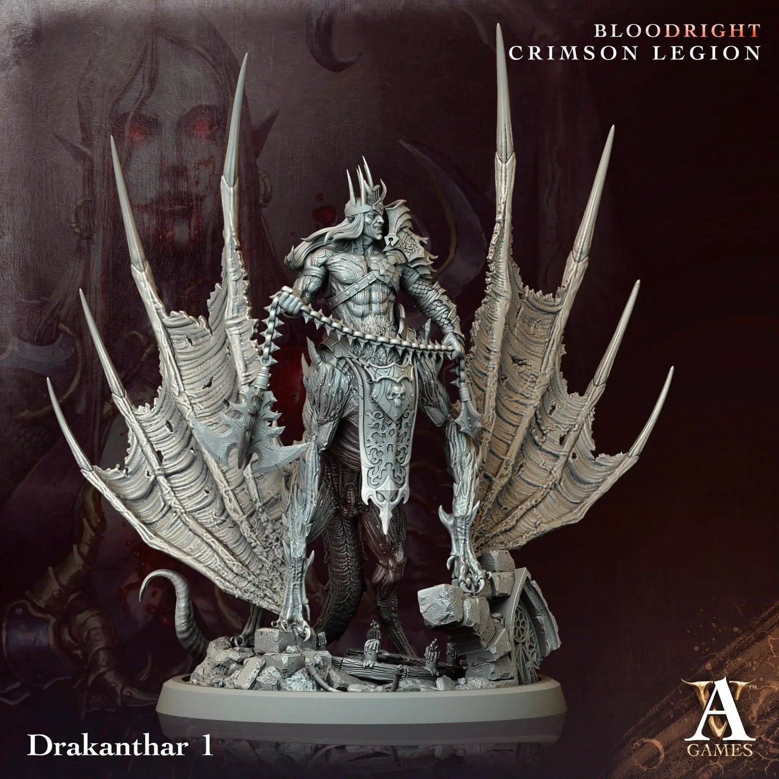3D printed Drakanthar miniature by Last Hope Miniatures for Archvillain Games, detailed dragon-like creature in dark tones.