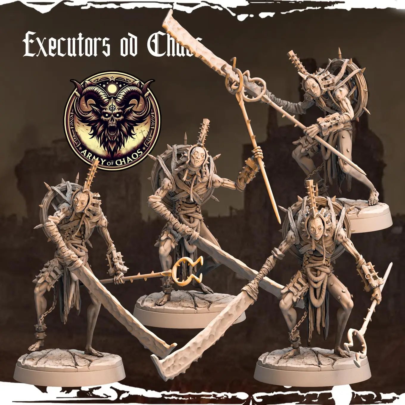 3D printed Dreadful Executors of Chaos miniature by Last Hope Miniatures, featuring detailed chaos warrior figures from Monolith Arts.
