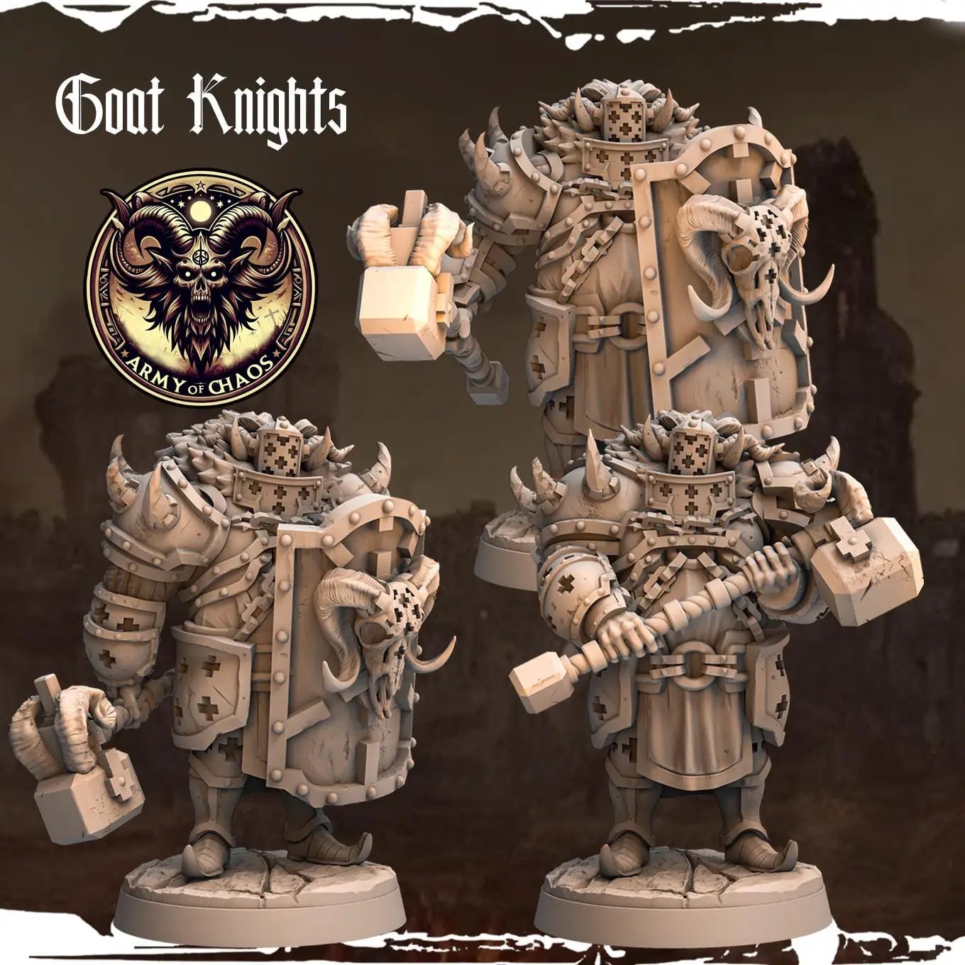 3D printed Goat Knights miniatures by Last Hope Miniatures for tabletop gaming, featuring detailed goat armor and weapons.