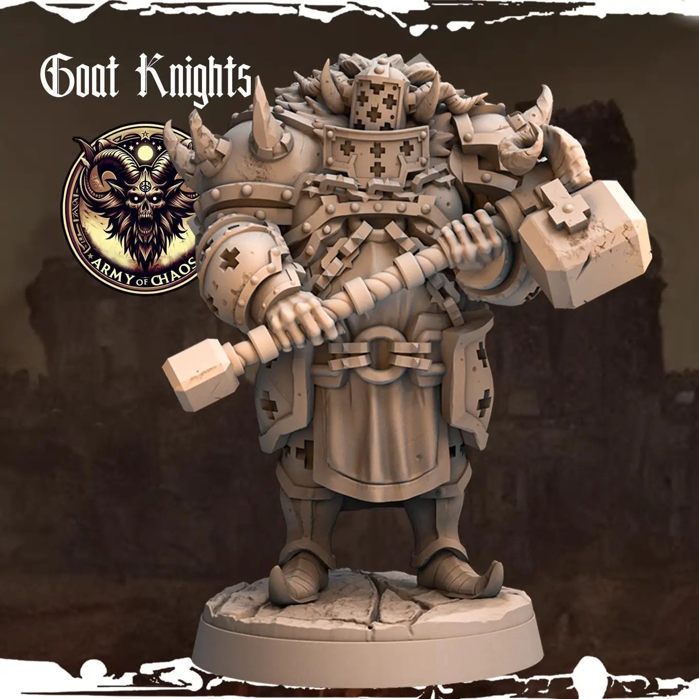 3D printed Goat Knights miniature by Last Hope Miniatures for Monolith Arts, featuring detailed goat warrior figures in armor.