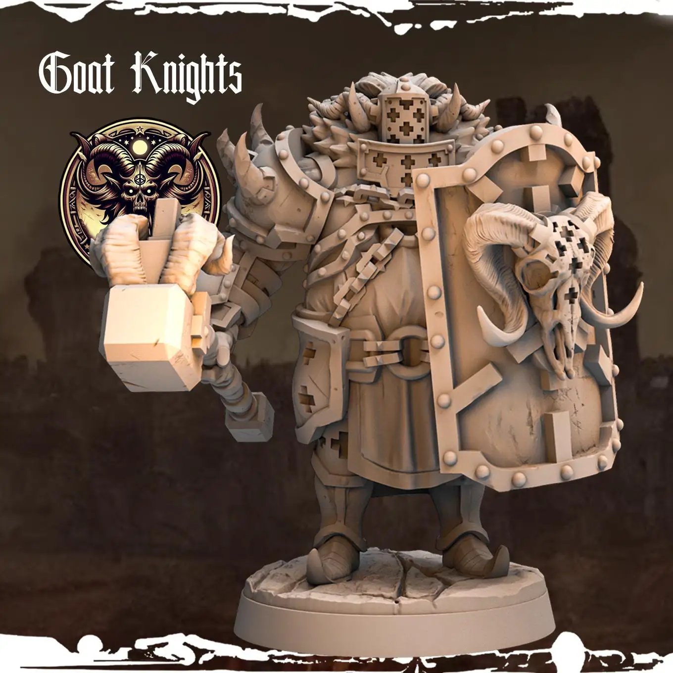 3D printed goat knights miniature by Last Hope Miniatures for Monolith Arts, featuring detailed armored goat figures standing with weapons.