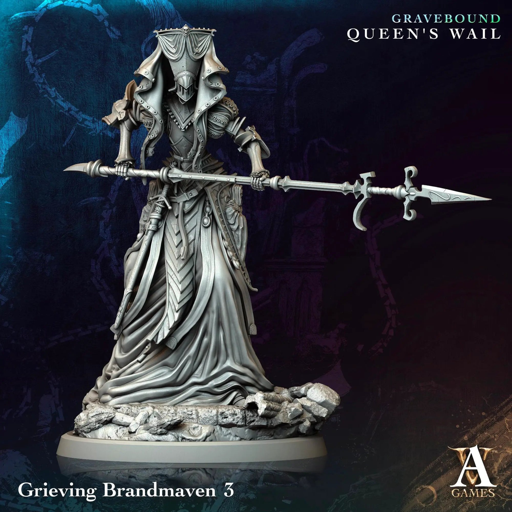 3D printed Grieving Brandmaven miniature by Last Hope Miniatures for Archvillain Games, featuring detailed Gothic armor and solemn expression.