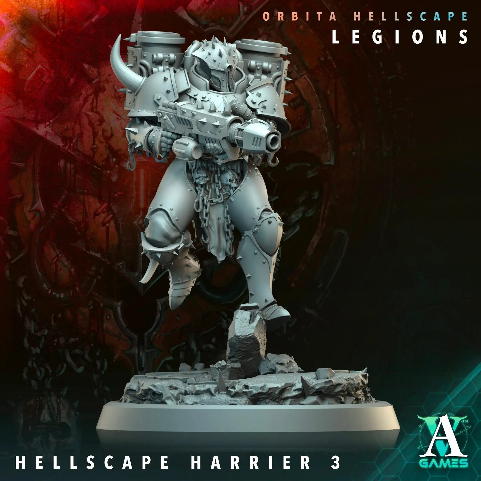 3D printed Hellscape Harrier miniature by Last Hope Miniatures, featuring detailed demonic creature with wings and fiery base.
