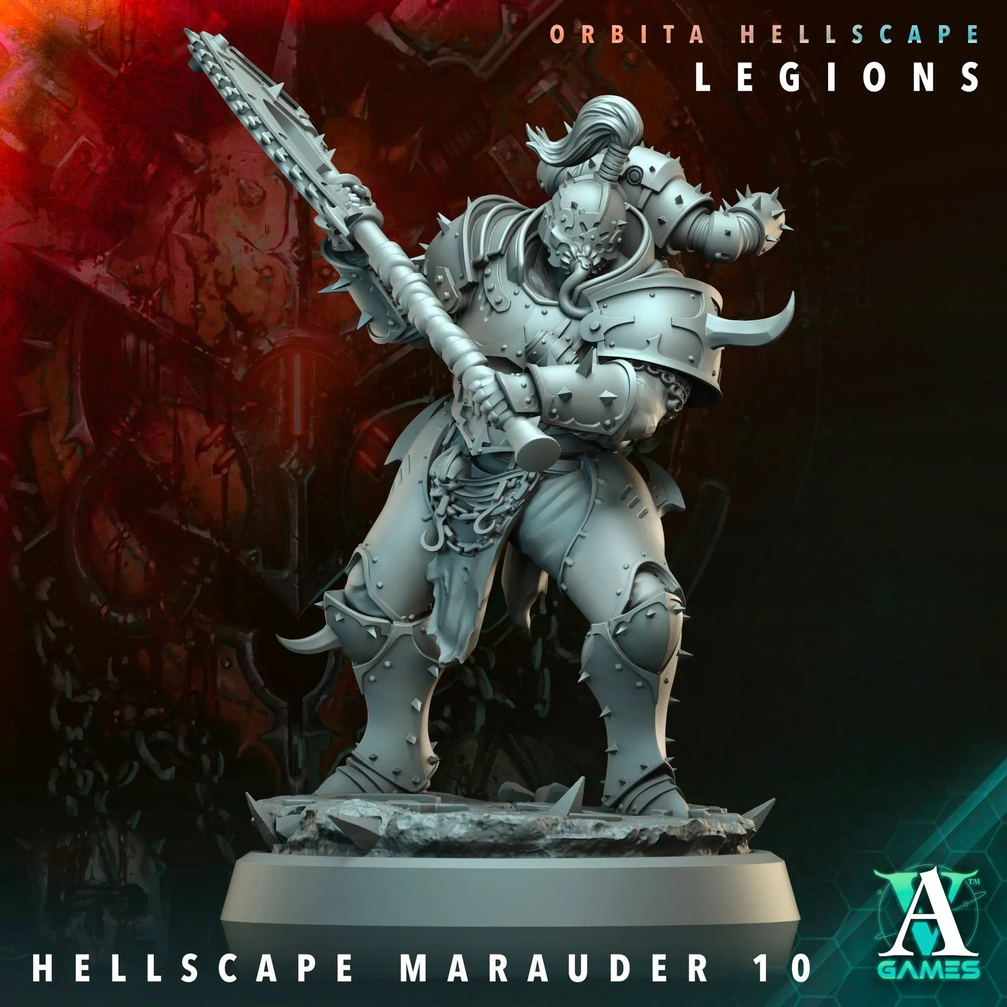 3D printed Hellscape Marauder miniature by Last Hope Miniatures for Archvillain Games, showing detailed demonic warrior with fiery terrain.