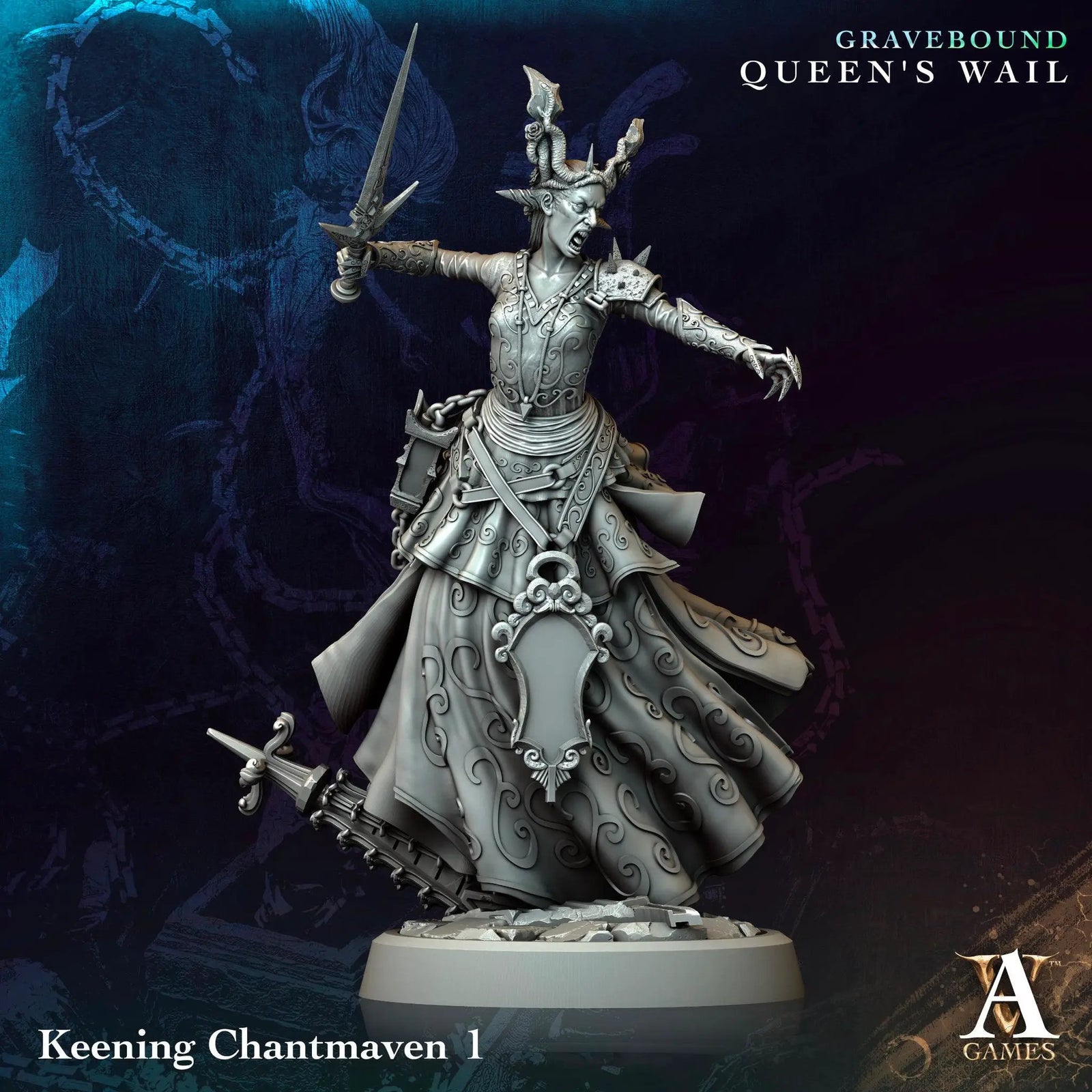 3D printed Keening Chantmaven miniature by Last Hope Miniatures for Archvillain Games, detailed figure on a textured base.