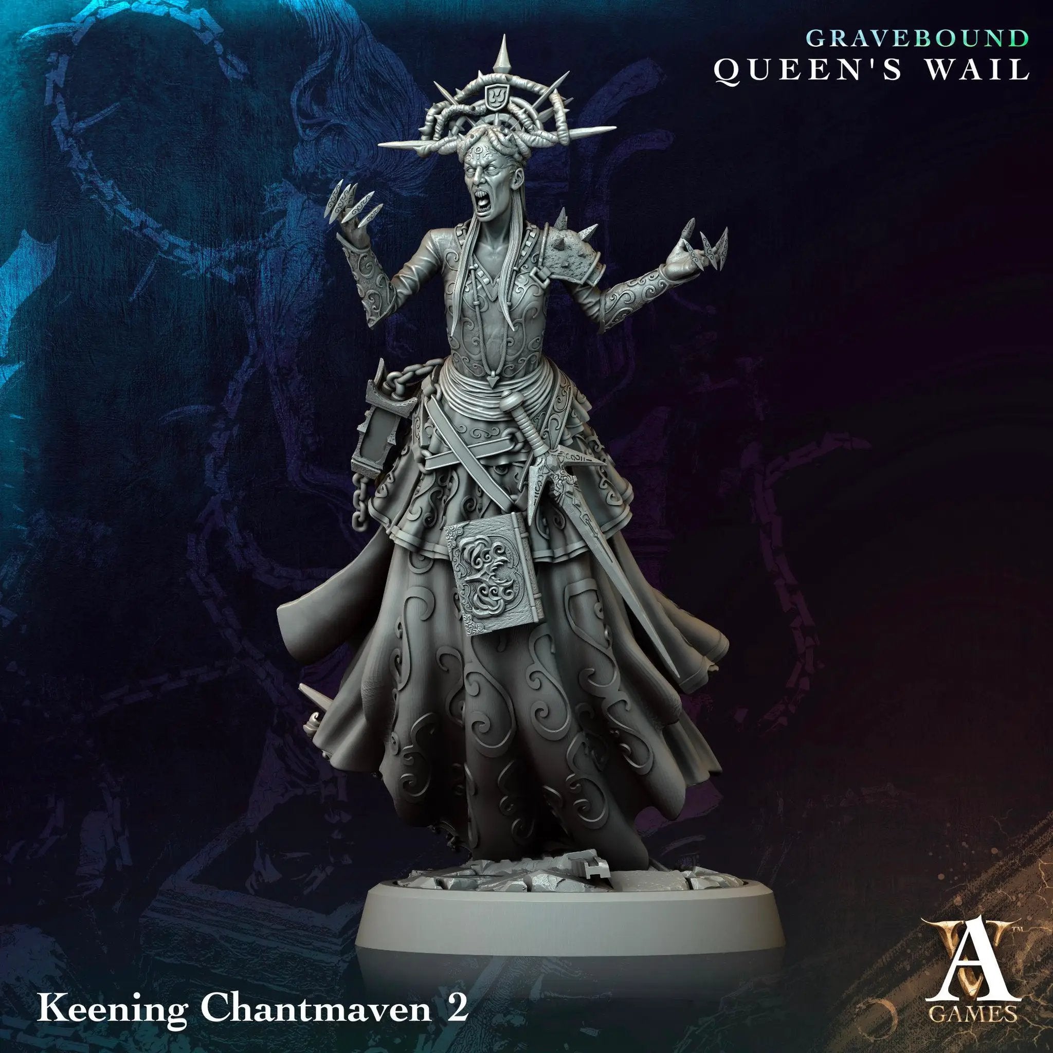 3D printed Keening Chantmaven miniature by Last Hope Miniatures for Archvillain Games, detailed figure with intricate design.