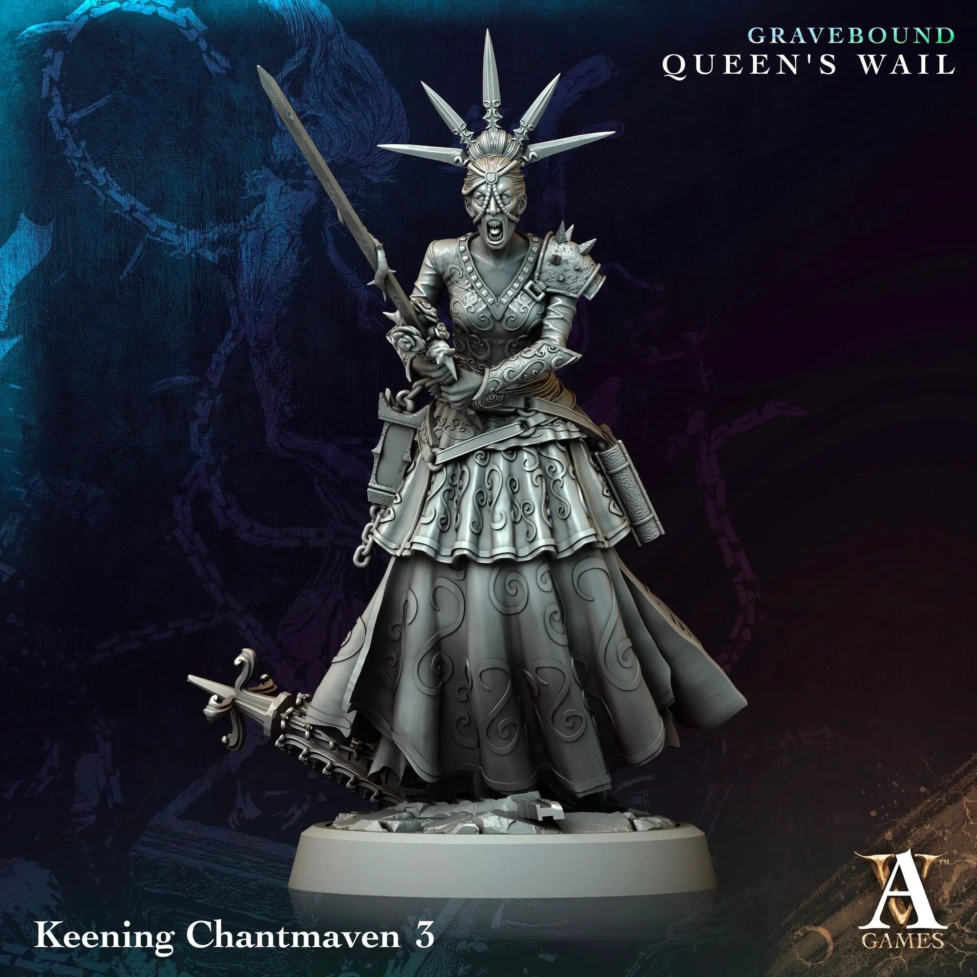 3D printed Keening Chantmaven miniature by Last Hope Miniatures, detailed figure from Archvillain Games for tabletop gaming.