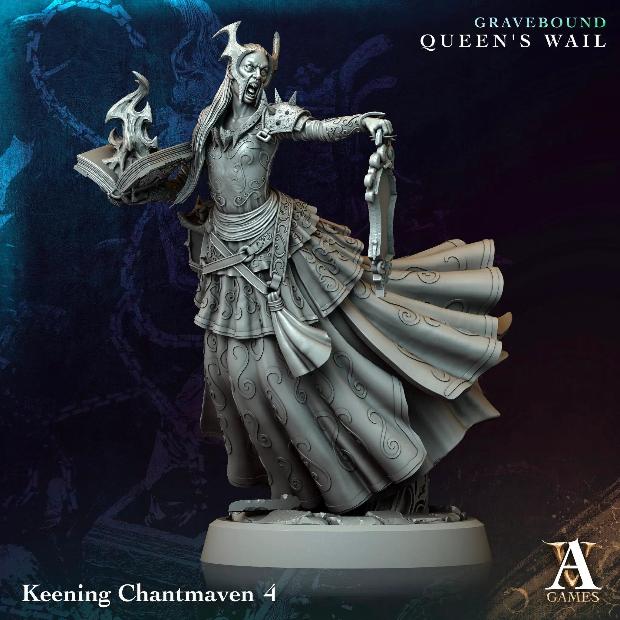 3D printed Keening Chantmaven miniature by Last Hope Miniatures from Archvillain Games, featuring detailed sculpting and dynamic pose