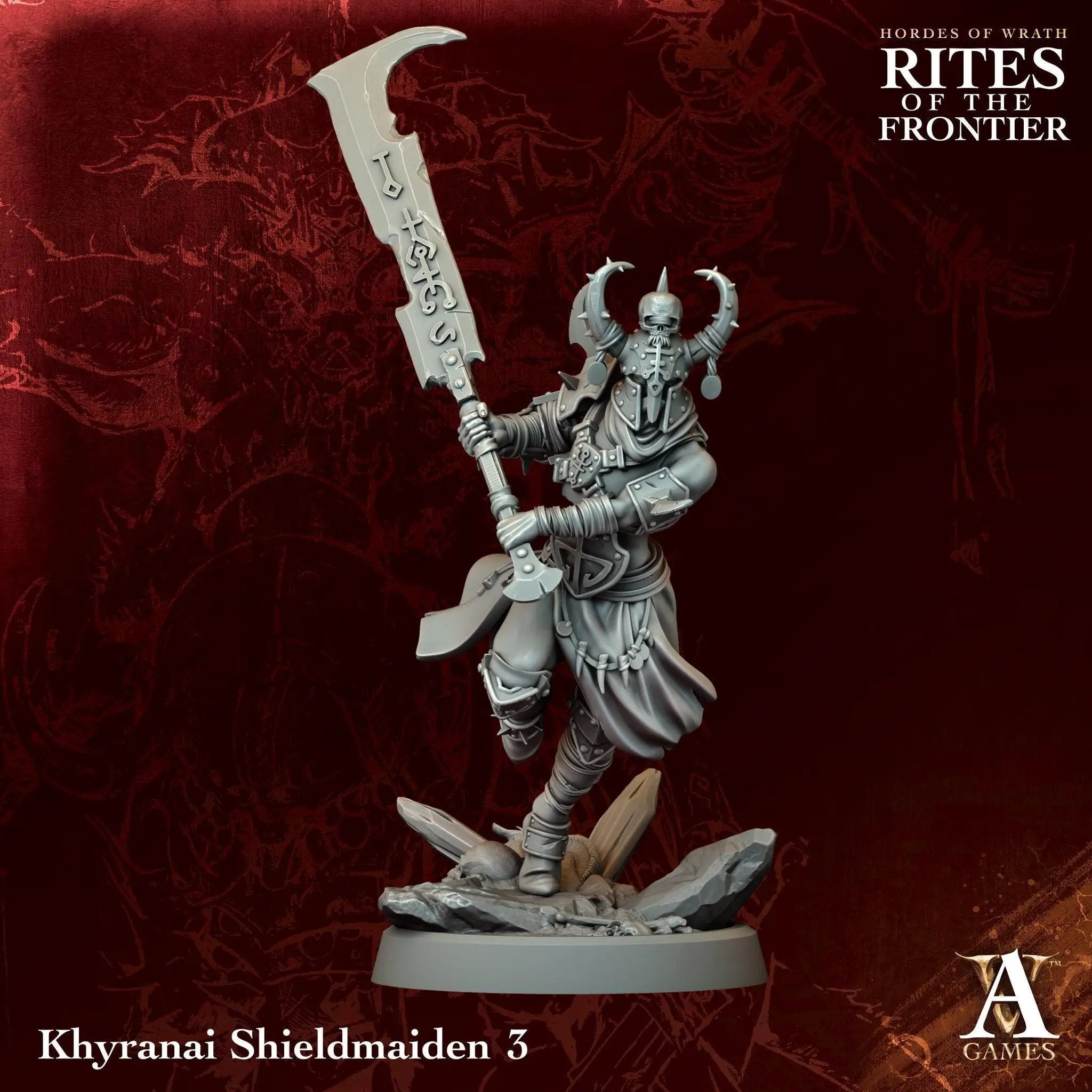 3D printed Khyranai Shieldmaidens miniatures by Last Hope Miniatures, showing detailed figures with shields and armor in a fantasy setting.