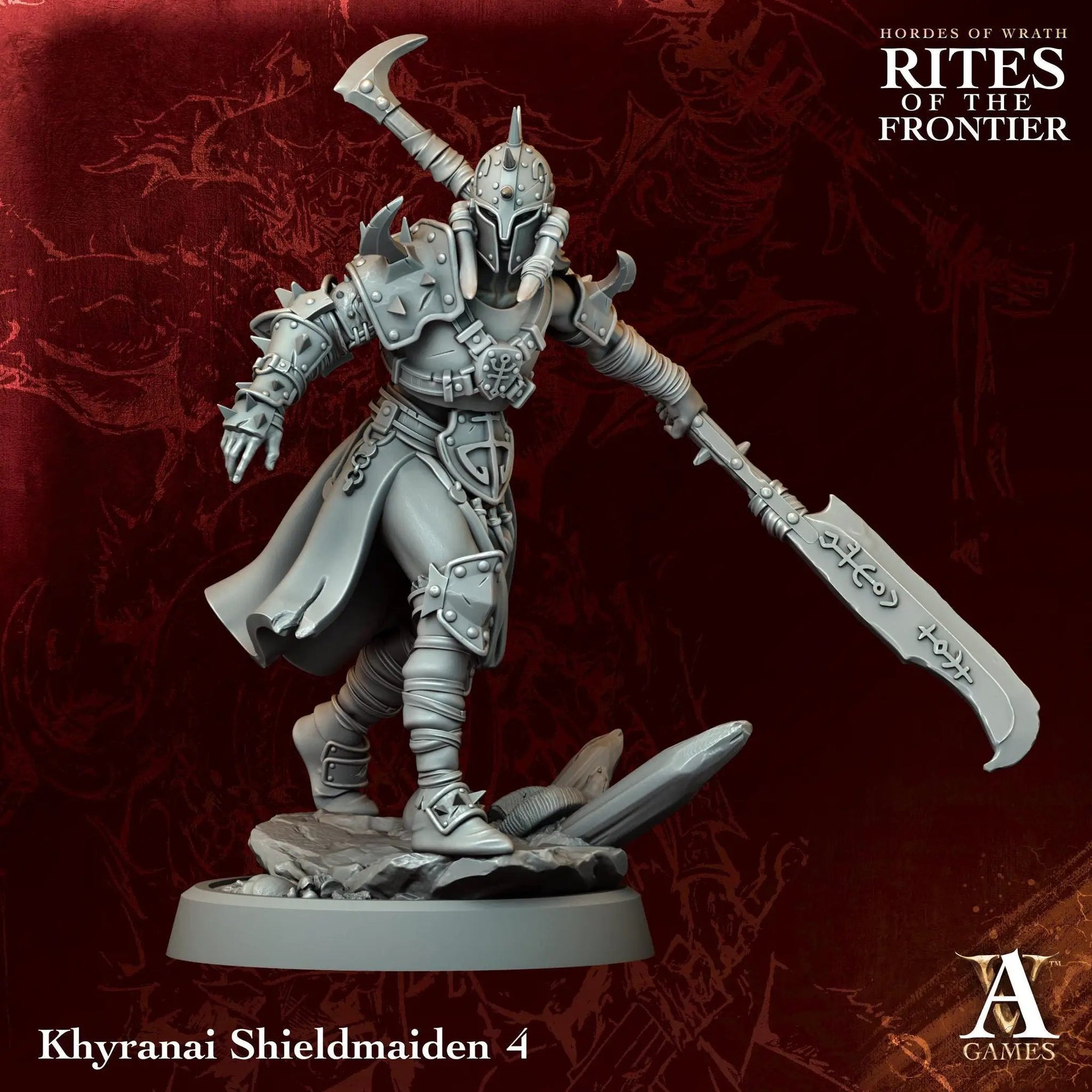 3D printed Khyranai Shieldmaidens miniatures by Last Hope Miniatures, showing detailed armored warrior figures with shields and weapons.