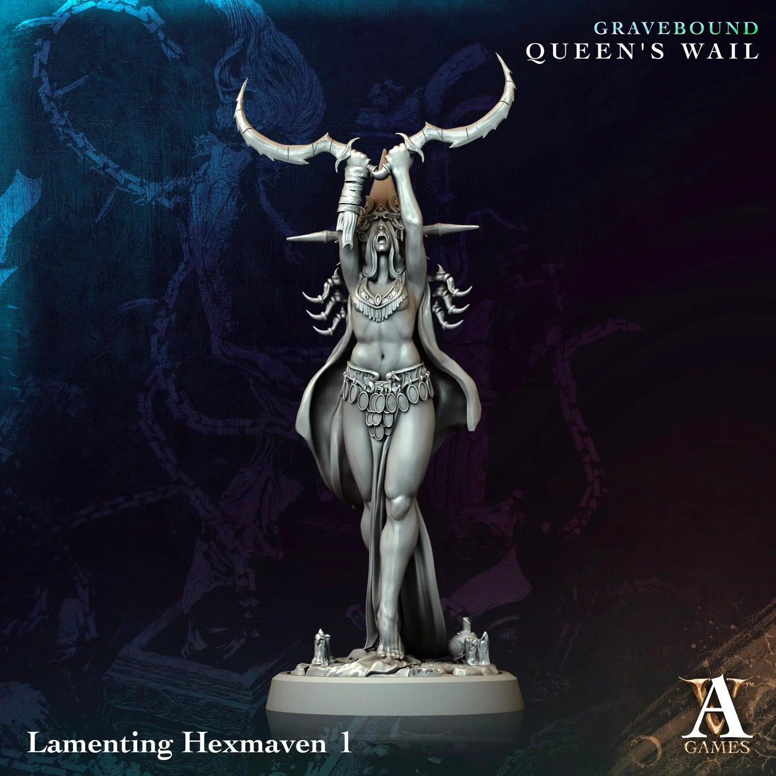 3D printed Lamenting Hexmaven miniature by Last Hope Miniatures for Archvillain Games, featuring intricate design and detailed sculpting.