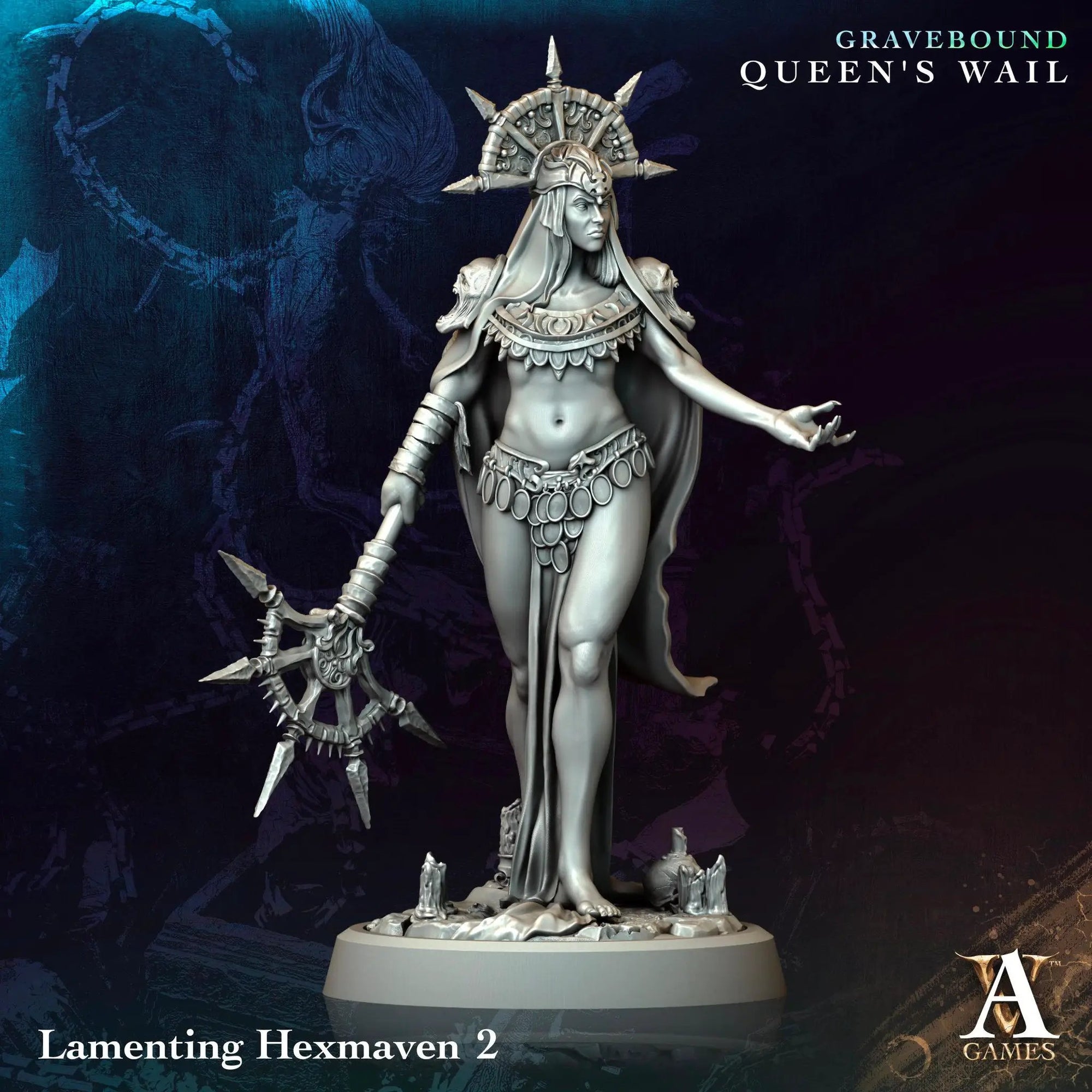 3D printed Lamenting Hexmaven miniature by Last Hope Miniatures for Archvillain Games, featuring detailed sculpt with mystical elements.