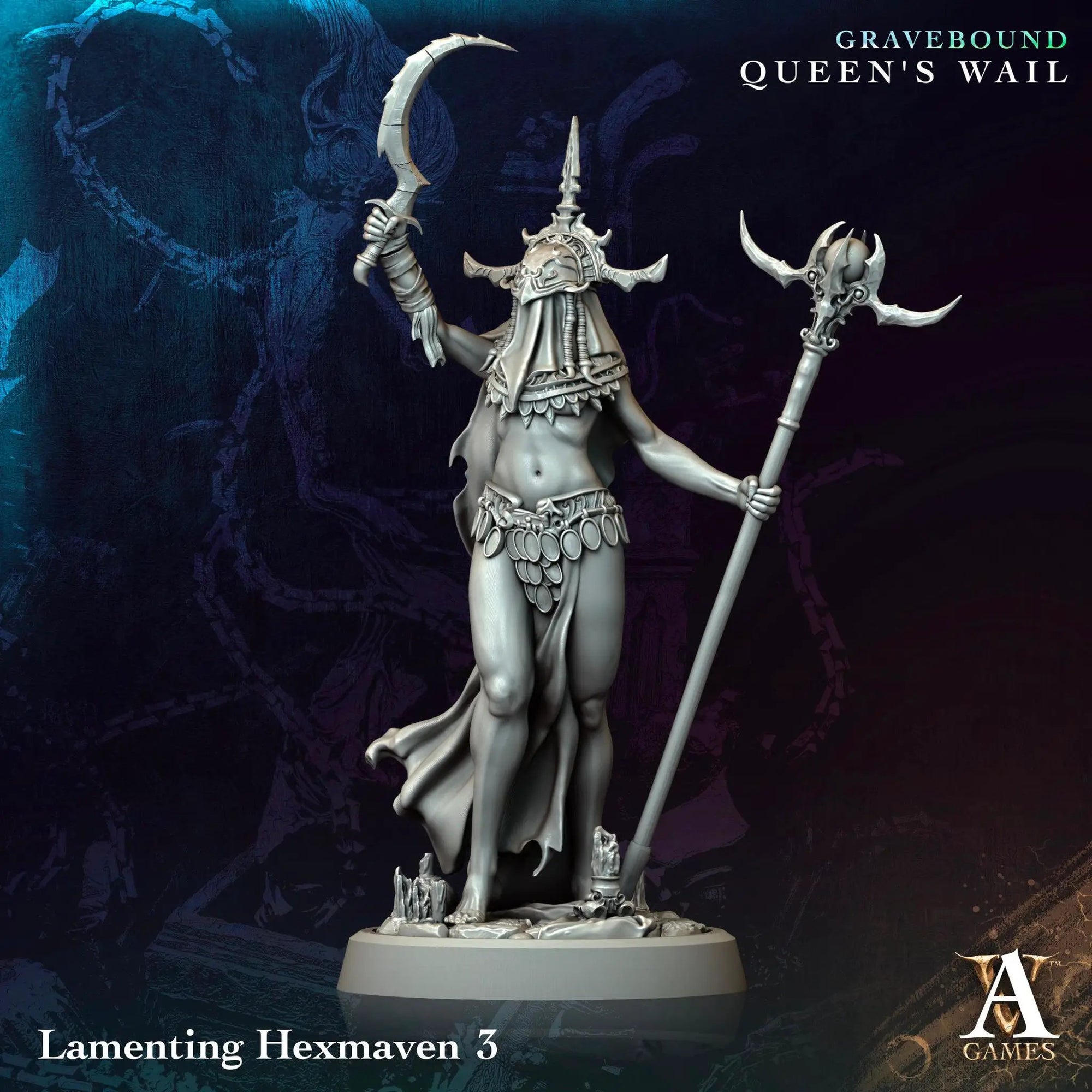 3D printed Lamenting Hexmaven miniature by Last Hope Miniatures for Archvillain Games, featuring intricate details and a somber pose.