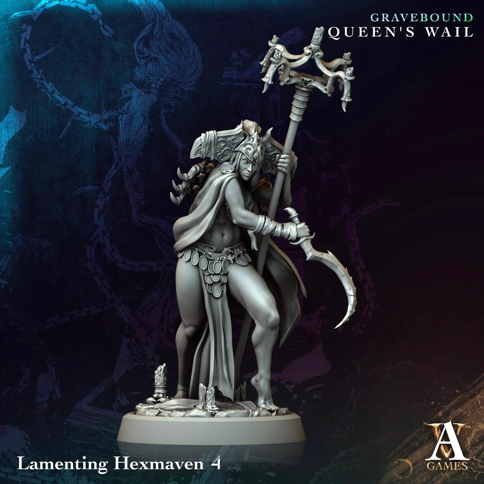 3D printed Lamenting Hexmaven miniature by Last Hope Miniatures for Archvillain Games, featuring detailed design and intricate textures.