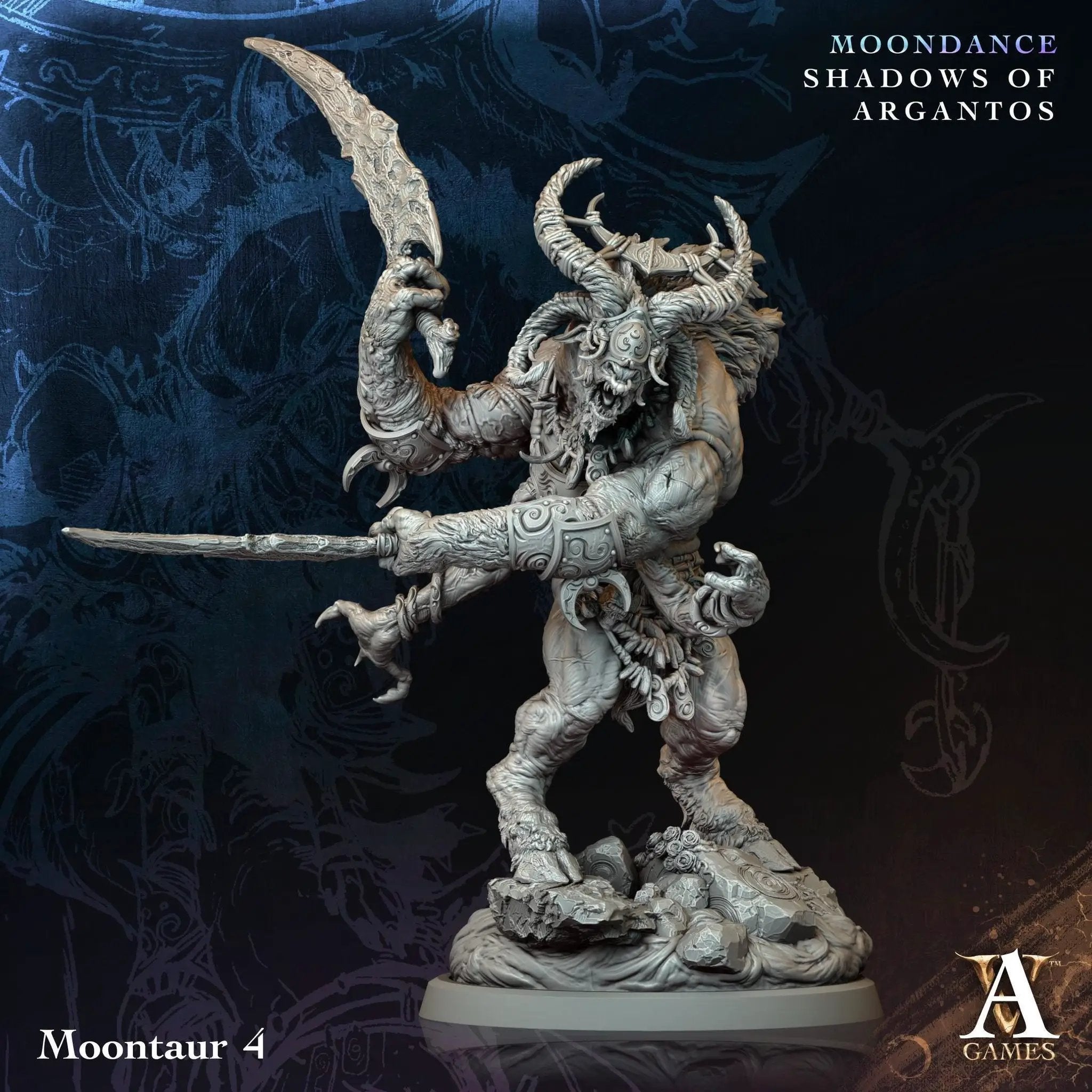 3D printed Moontaurs miniatures by Last Hope Miniatures, detailed fantasy creatures from Archvillain Games.