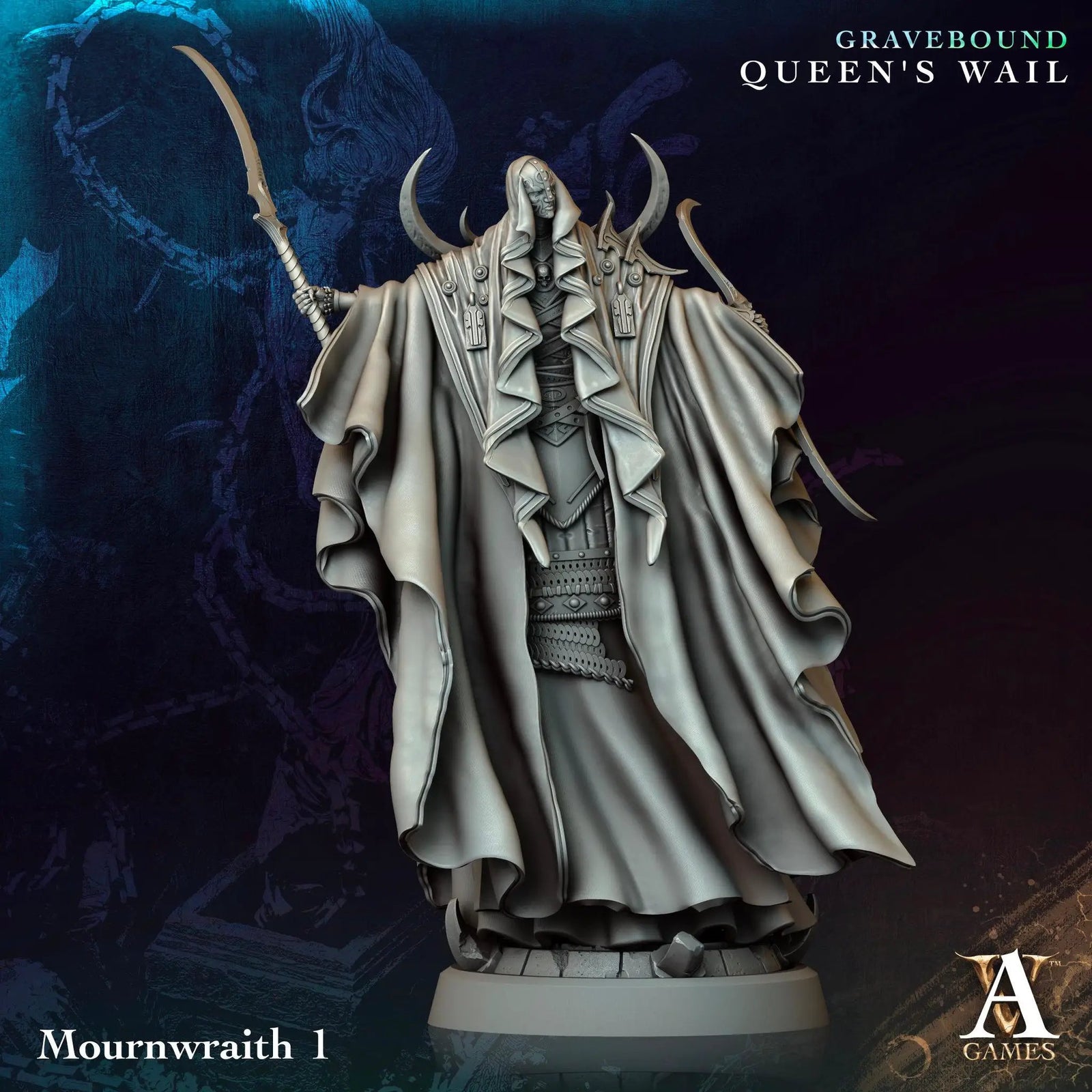 3D printed Mournwraith miniature by Archvillain Games, showcasing detailed ghostly figure with dark, ethereal features for tabletop gaming.