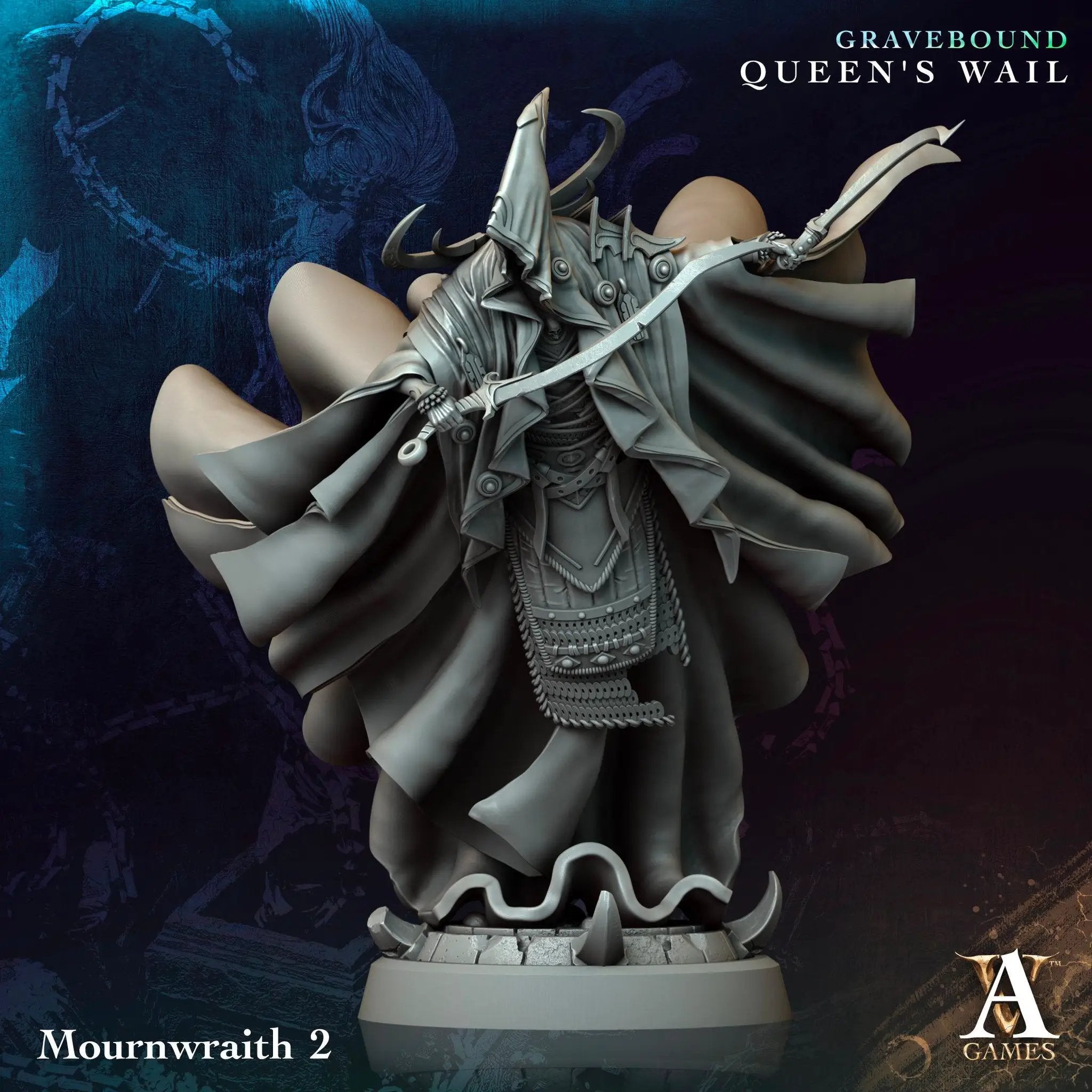 3D printed Mournwraith miniature by Last Hope Miniatures for Archvillain Games, showcasing intricate ghostly figure with detailed sculpting.