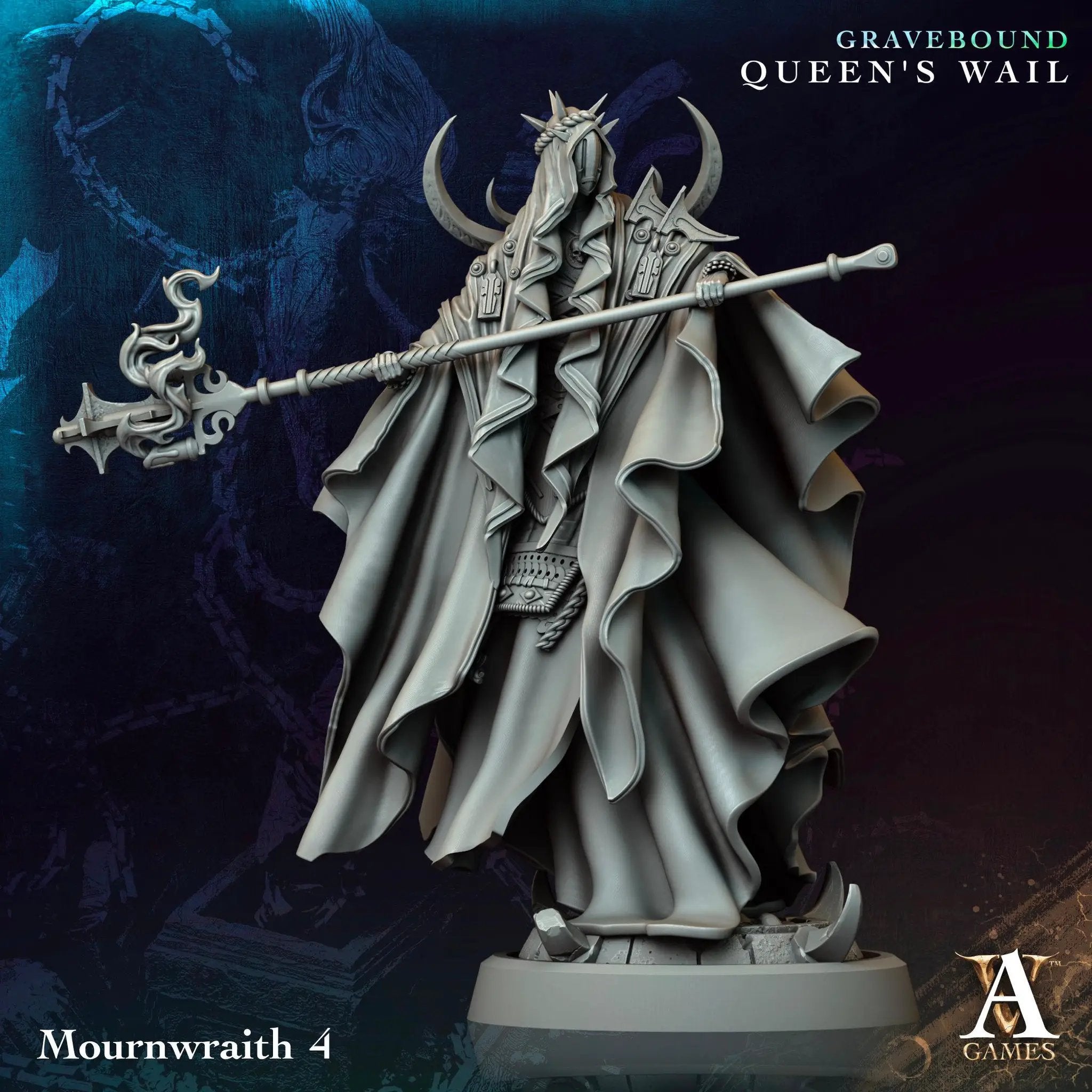 3D printed Mournwraith miniature by Last Hope Miniatures for Archvillain Games, showing detailed ghostly undead figure.