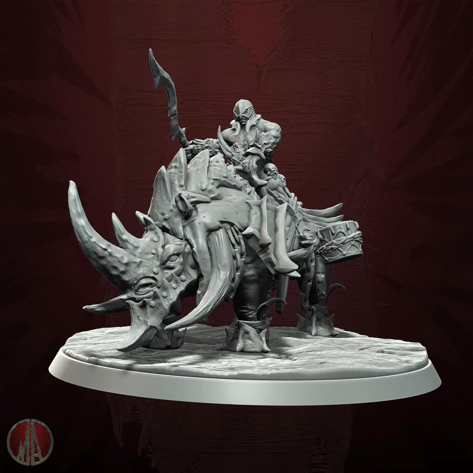 3D printed Orc Rhino Rider miniature from Last Hope Miniatures by Monolith Arts, showcasing a detailed orc warrior on a rhino mount.