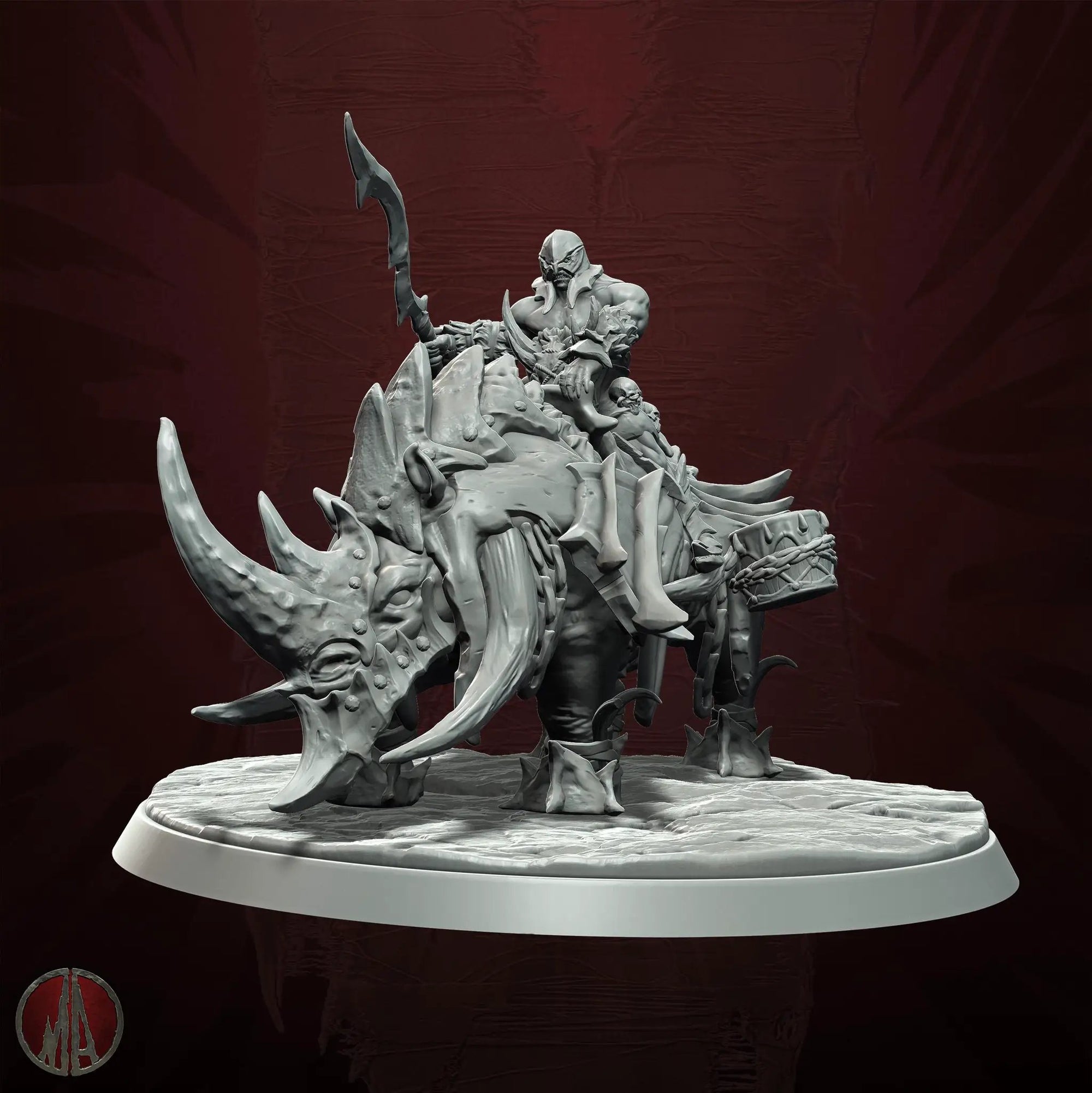 3D printed Orc Rhino Rider miniature from Last Hope Miniatures by Monolith Arts, showcasing a detailed orc warrior on a rhino mount.