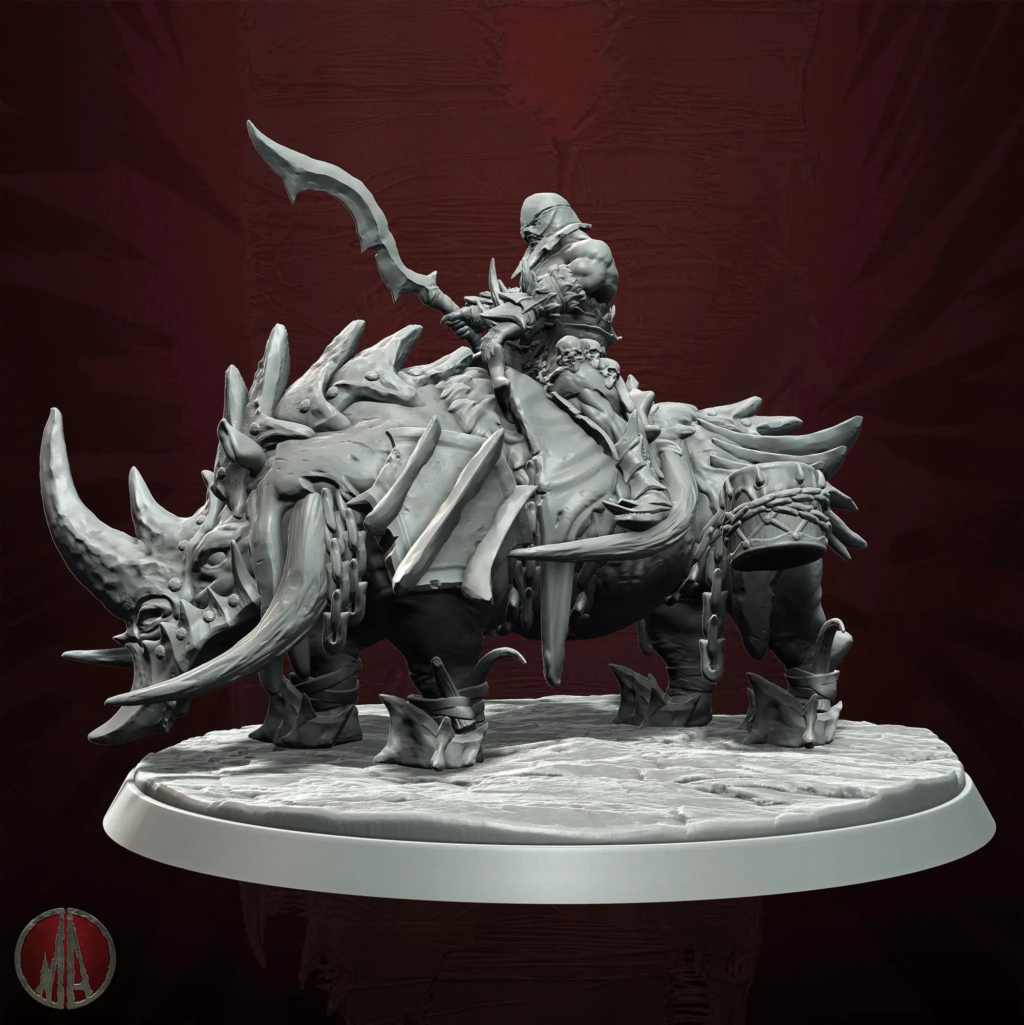 3D printed Orc Rhino Rider miniature by Last Hope Miniatures, showcasing a detailed orc figure riding a rhino in dynamic pose.
