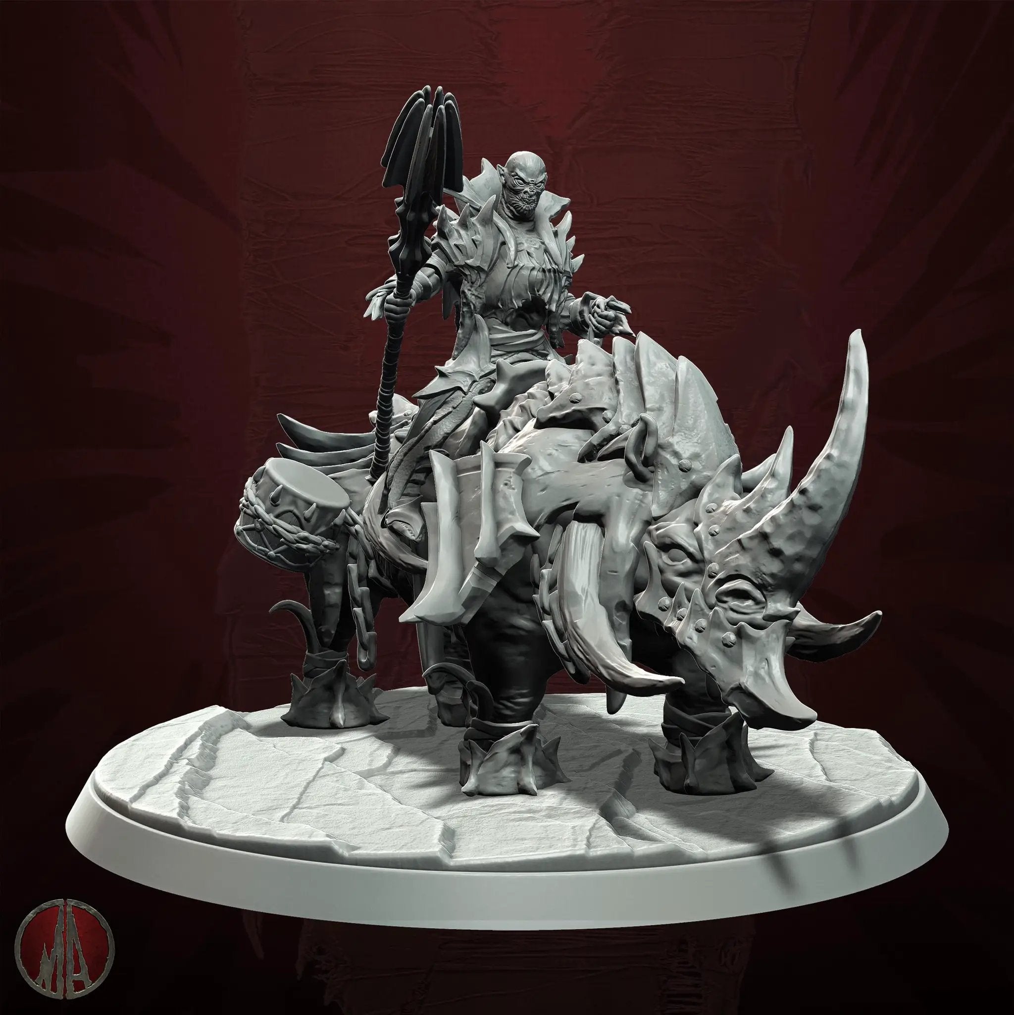 3D printed Orc Rhino Rider miniature by Last Hope Miniatures, featuring a detailed orc figure riding a rhinoceros for tabletop gaming.
