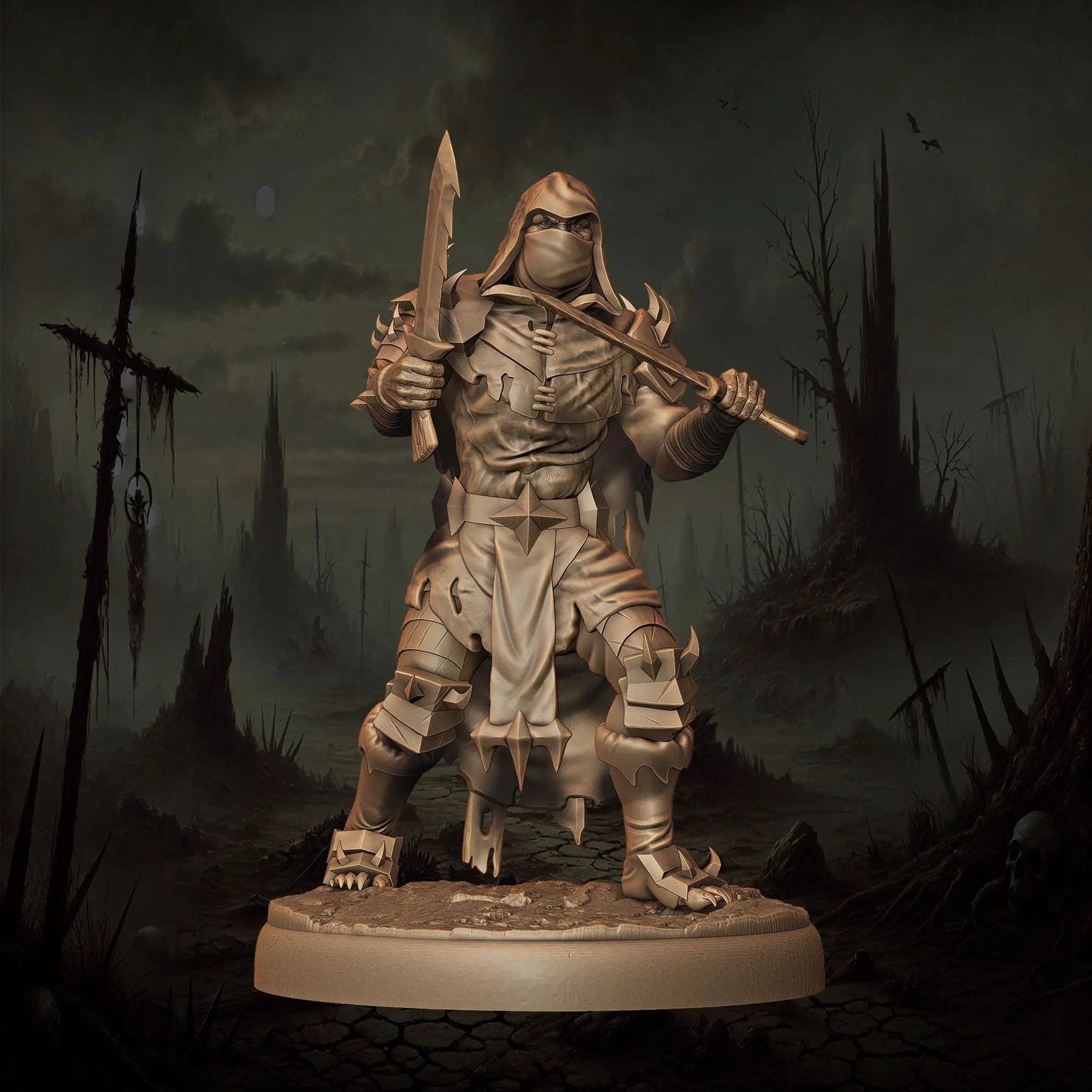 3D printed Orc Rogue miniature by Last Hope Miniatures for Monolith Arts, detailed figure with armor and weapon, on a black background.