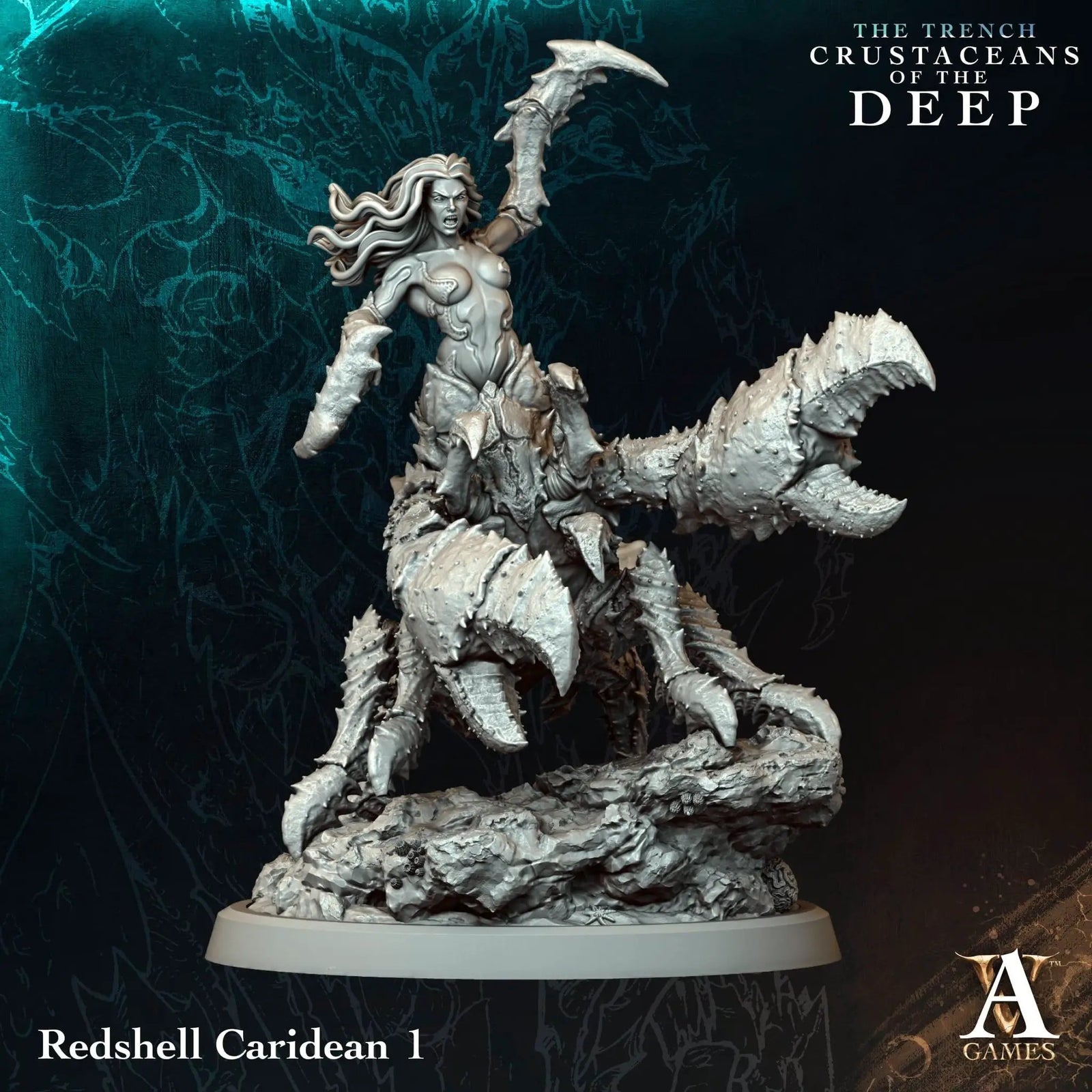 3D printed Redshell Caridean miniature by Last Hope Miniatures for Archvillain Games, detailed red shell and aquatic creature design.
